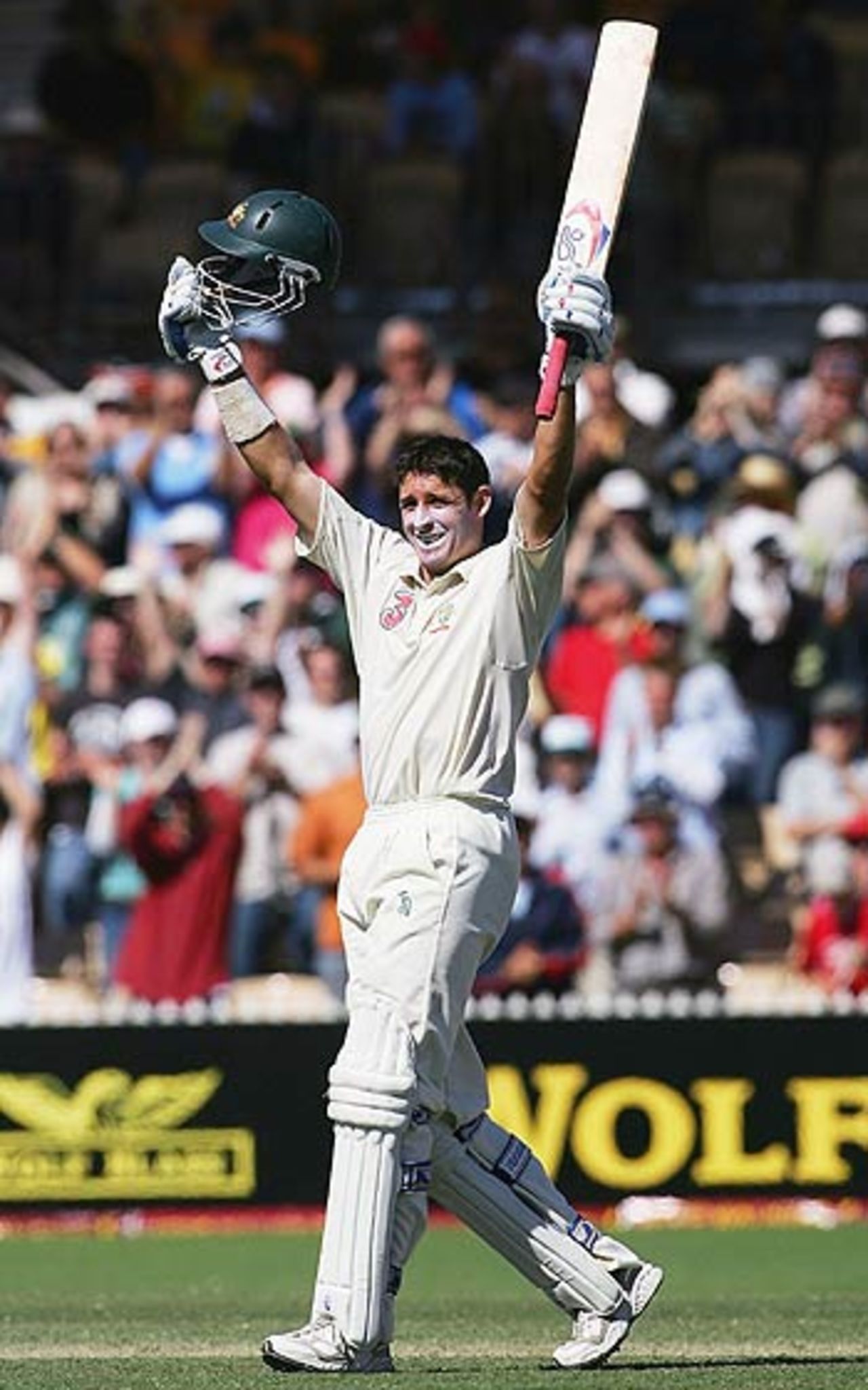 Michael Hussey acknowledges the cheers after reaching his hundred, Australia v West Indies, 3rd Test, Adelaide, 3rd day, November 27, 2005