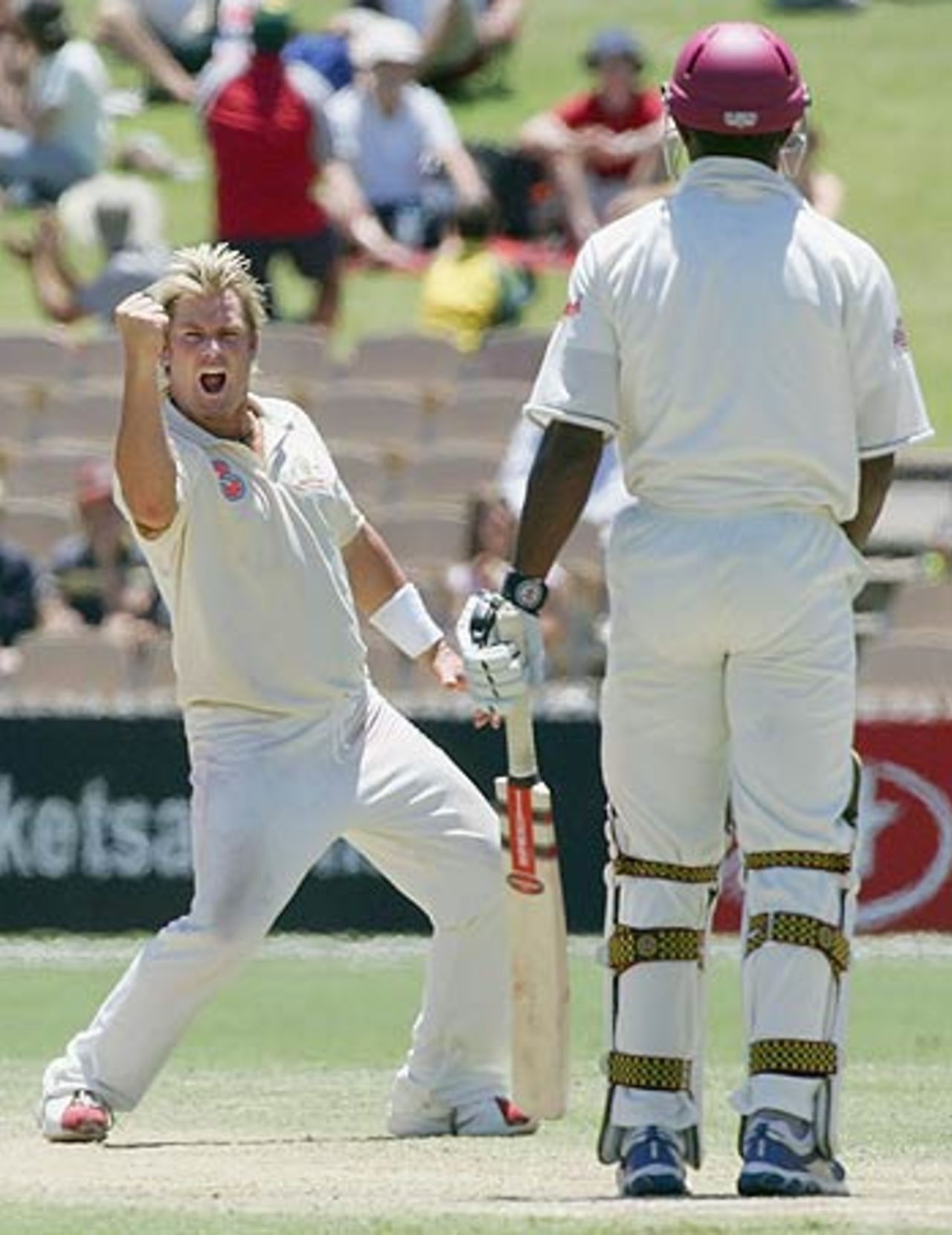 Shane Warne celebrates the wicket of Dwayne Smith, Australia v West Indies, 3rd Test, Adelaide, 4th day, November 28, 2005