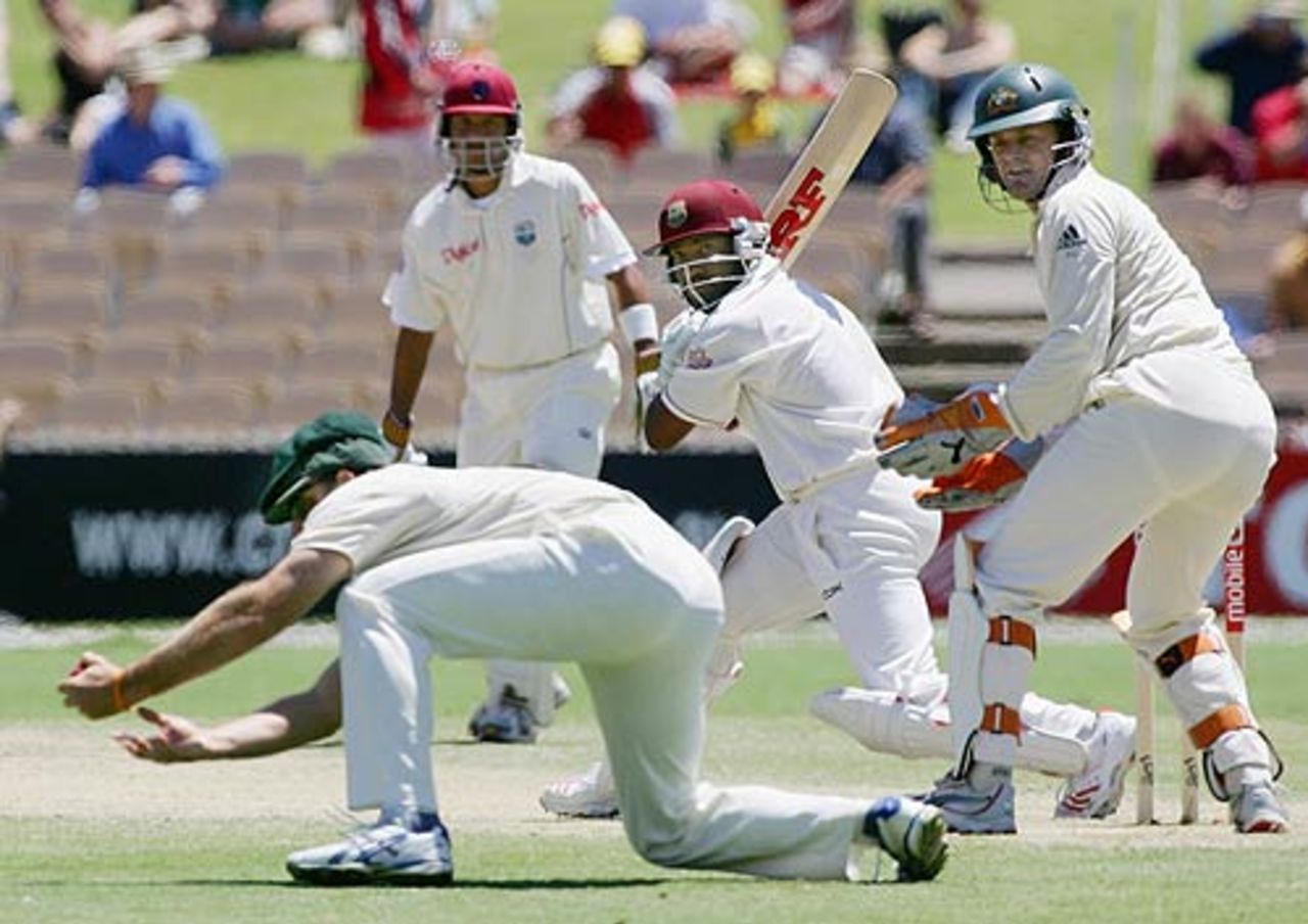 Matthew Hayden pulls of a stunning catch to dismiss Brian Lara, Australia v West Indies, 3rd Test, Adelaide, 4th day, November 28, 2005