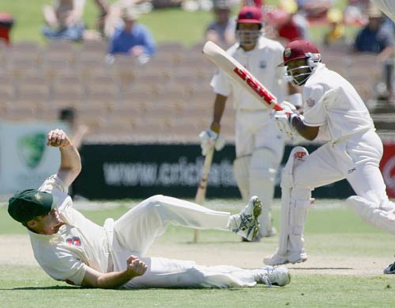 Matthew Hayden hangs on to a blinder to dismiss Brian Lara, Australia v West Indies, 3rd Test, Adelaide, 4th day, November 28, 2005