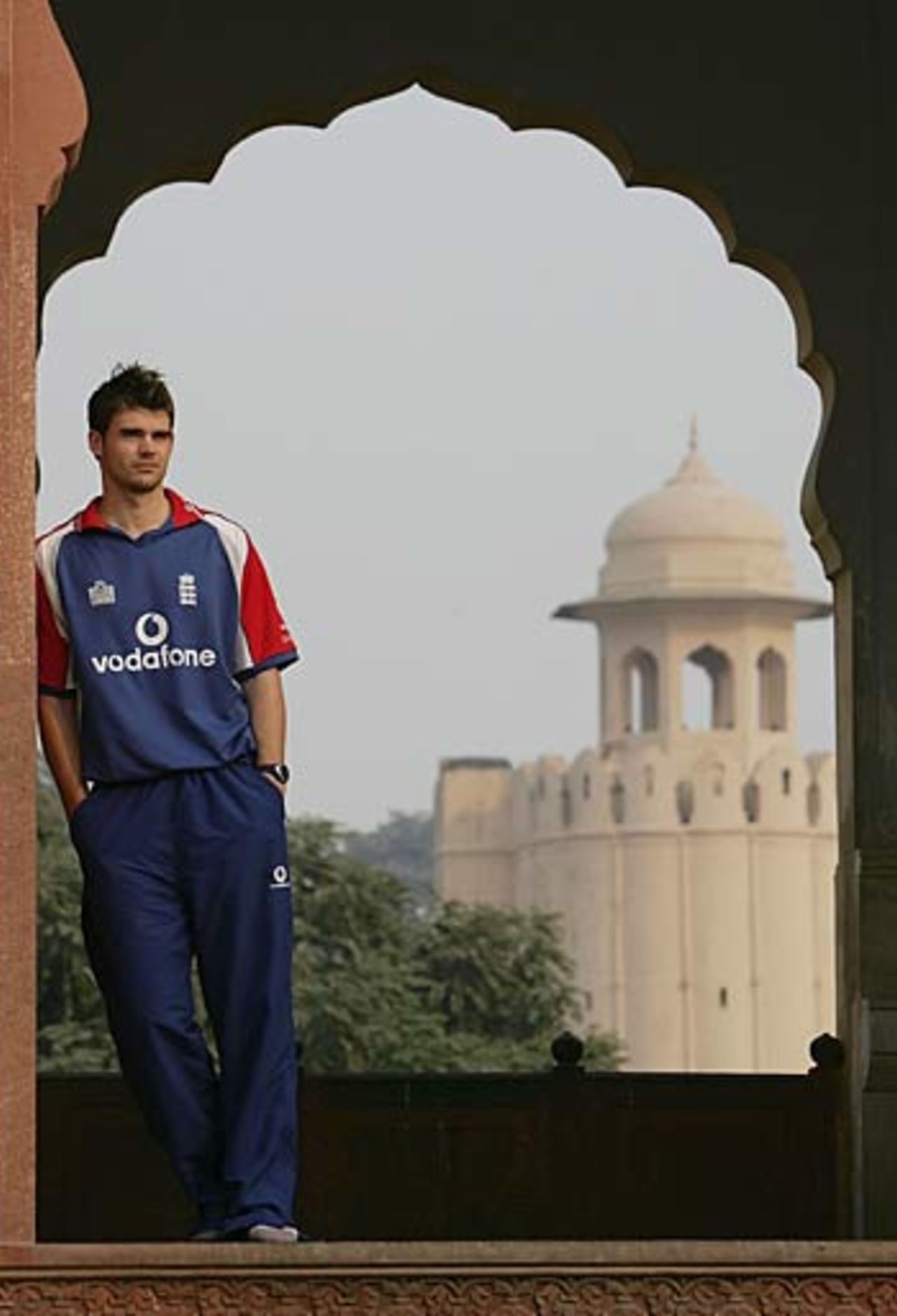 James Anderson poses outside the Badshahi Mosque, Lahore, November 28, 2005