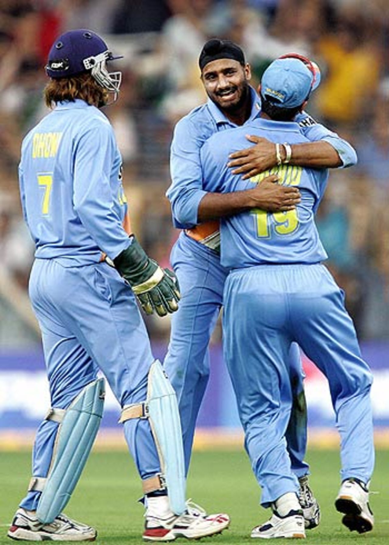 Harbhajan Singh is congratulated by team-mates after another key wicket, India v South Africa, 5th ODI, Mumbai, November 25, 2005