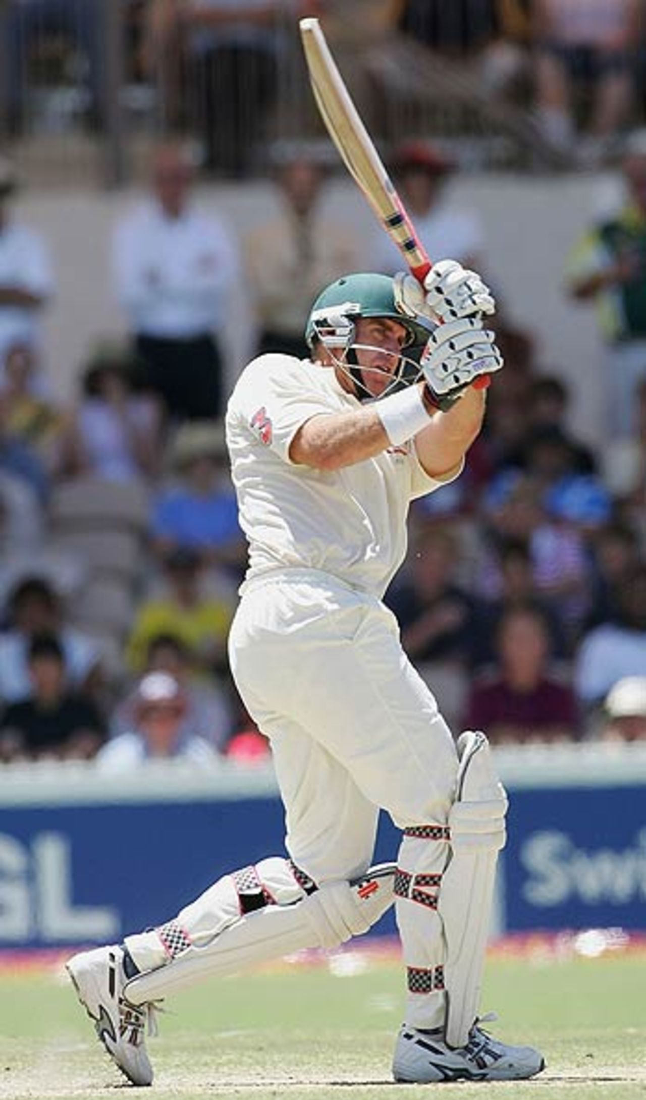 Matthew Hayden on the attack during his 87, 3rd Test, Adelaide, 5th day, November 29, 2005