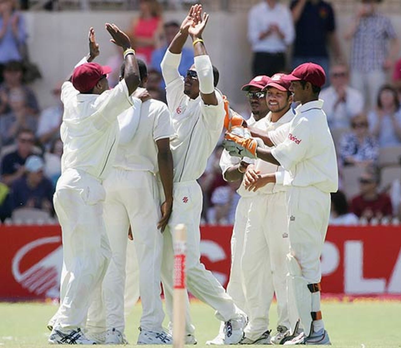 West Indies celebrate the wicket of Brad Hodge, 3rd Test, Adelaide, 5th day, November 29, 2005
