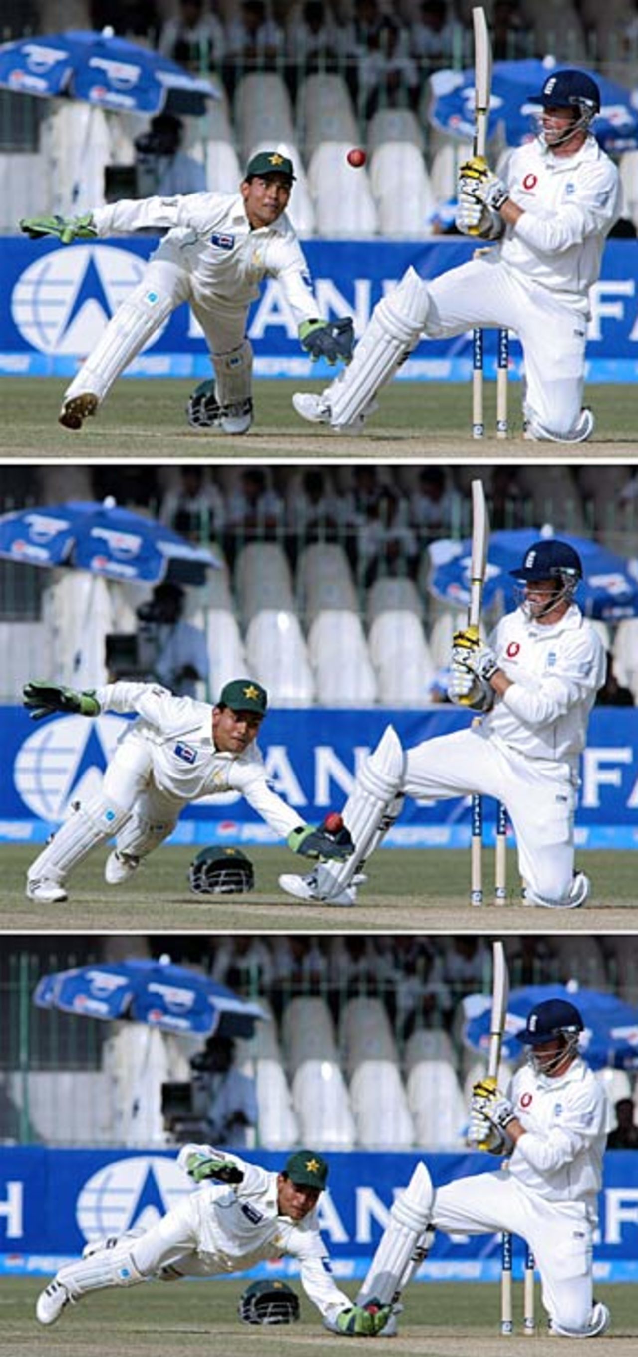 Kamran Akmal pounces to catch Marcus Trescothick off a bottom edge into his boot, Pakistan v England, 3rd Test, Lahore, November 29, 2005