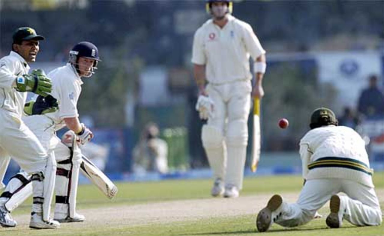 Down she goes ... Hasan Raza can't hold on and Paul Collingwood gets a life, Pakistan v England, 3rd Test, Lahore, November 29, 2005
