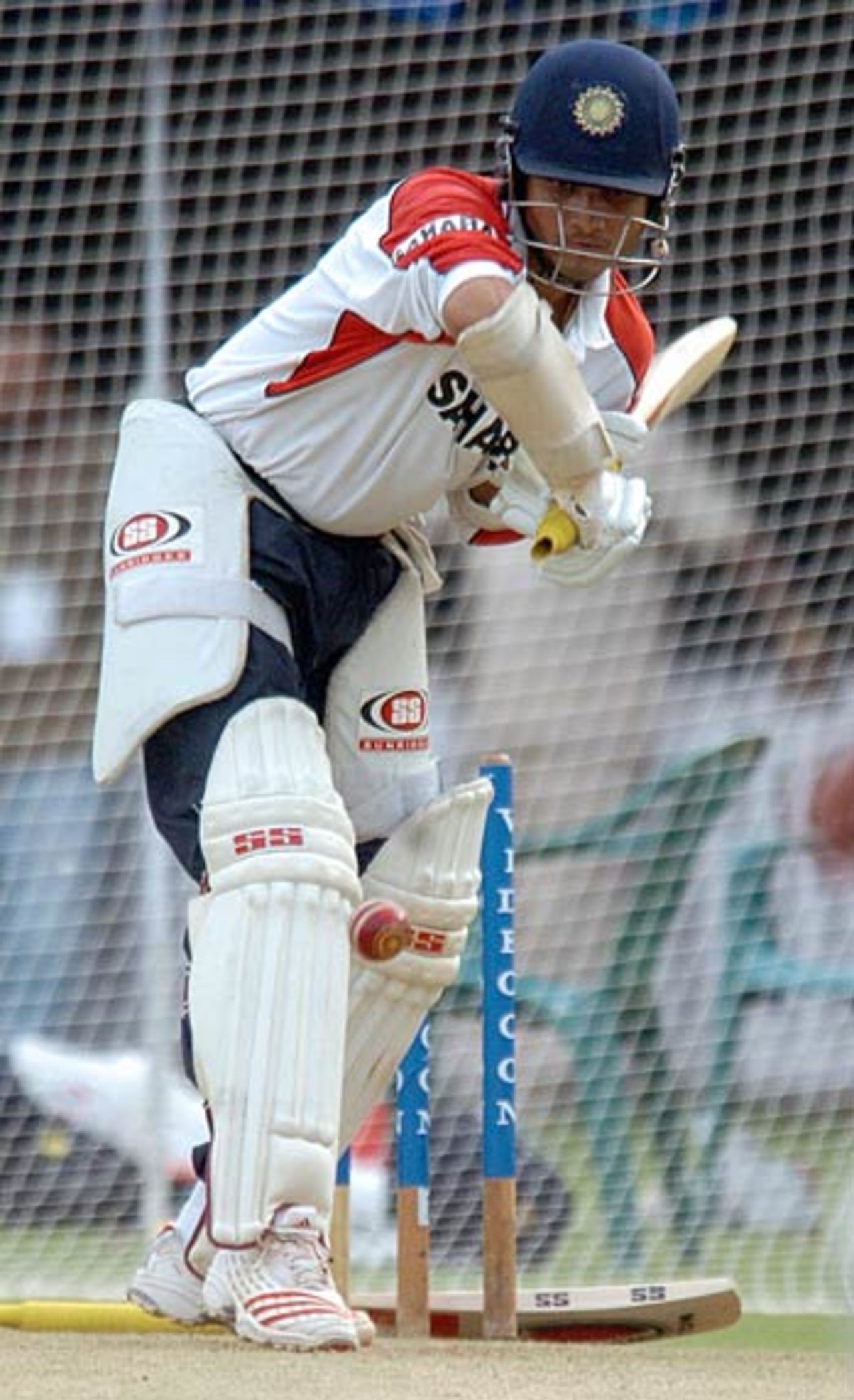 Sourav Ganguly bats in the nets during a practice session at the MA Chidambaram Stadium ahead of the first Test against Sri Lanka, Chennai, November 30, 2005