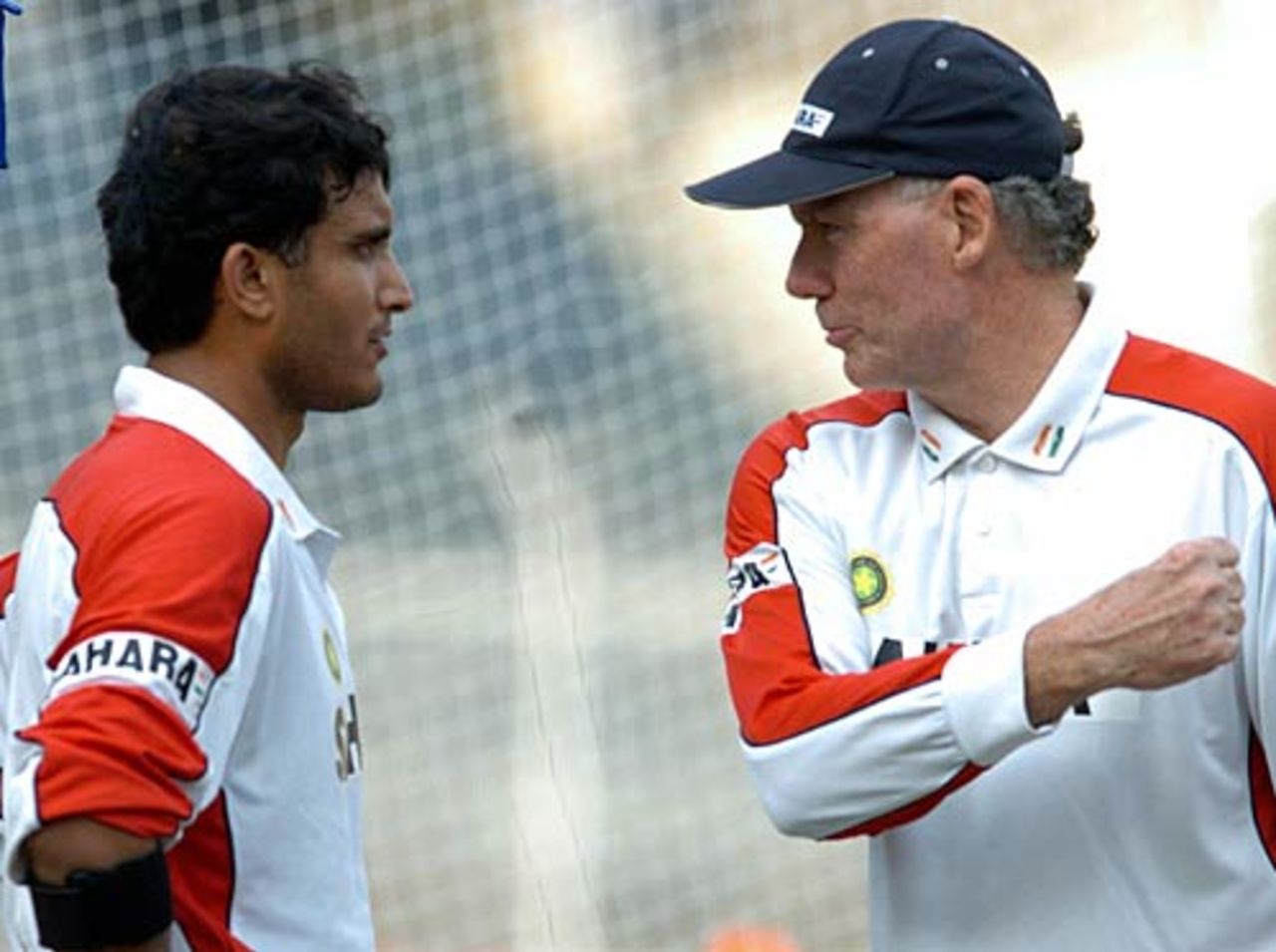 All eyes were on Greg Chappell and Sourav Ganguly as they chat during a practice session ahead of the first Test against Sri Lanka, Chennai, November 30, 2005