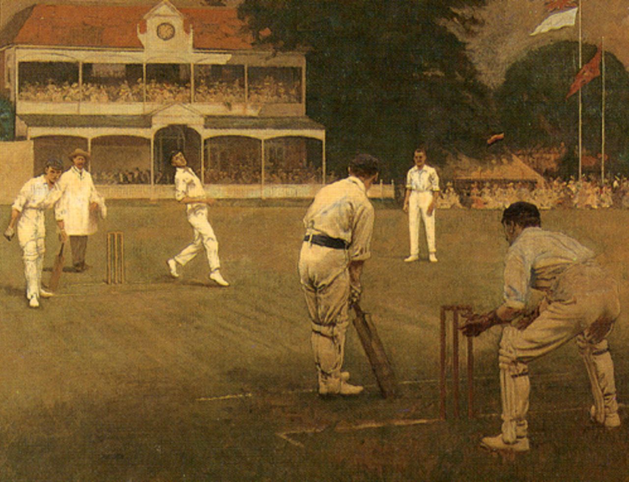 Excerpt of Kent v Lancashire at Canterbury, 1906 by Albert Chevallier Tayler.
<A HREF="/kent/content/image/228059.html">Click here for the full picture</A>
