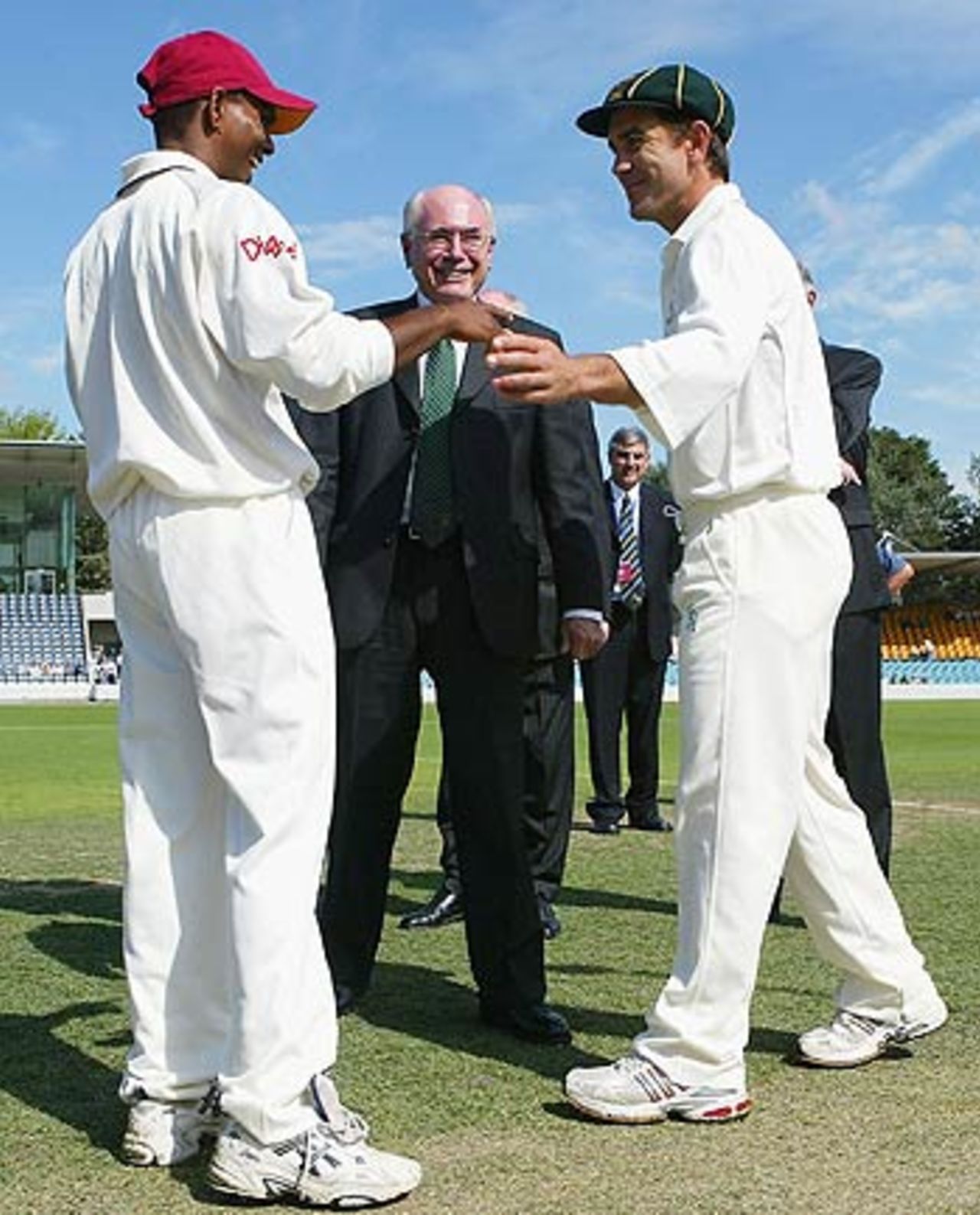 Shivnarine Chanderpaul and Justin Langer at the toss, Prime Minister's XI v West Indians, Canberra, December 2, 2005