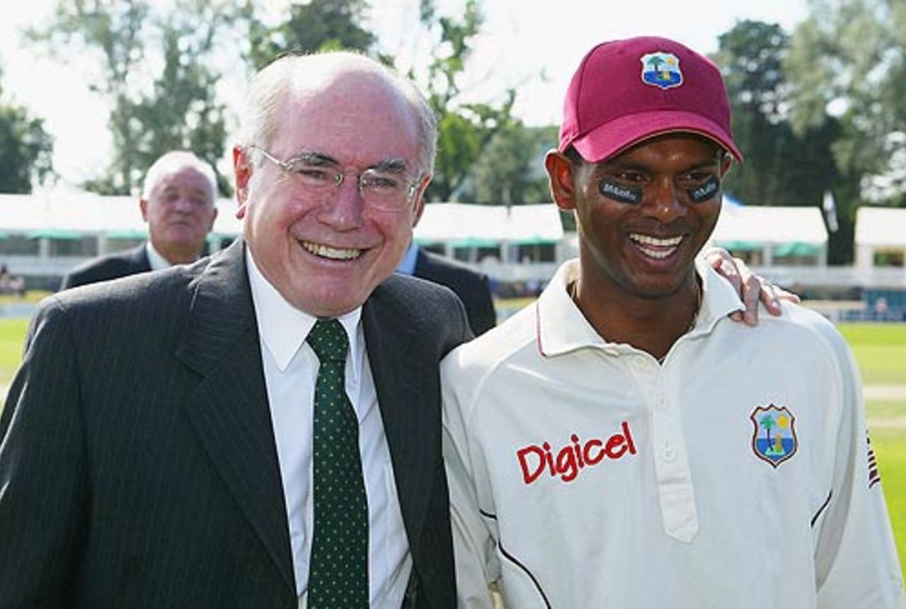 Shivnarine Chanderpaul and John Howard have a laugh, Prime Minister's XI v West Indians, Canberra, December 2, 2005