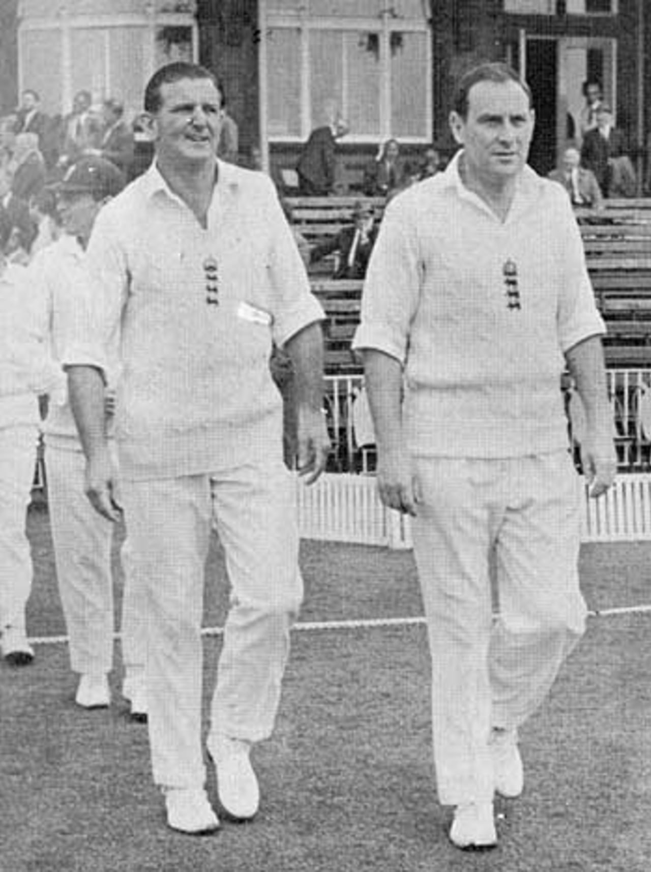 Ray Illingworth (right) leads Tom Graveney and the rest of the England team out, England v West Indies, Old Trafford, June 12, 1969