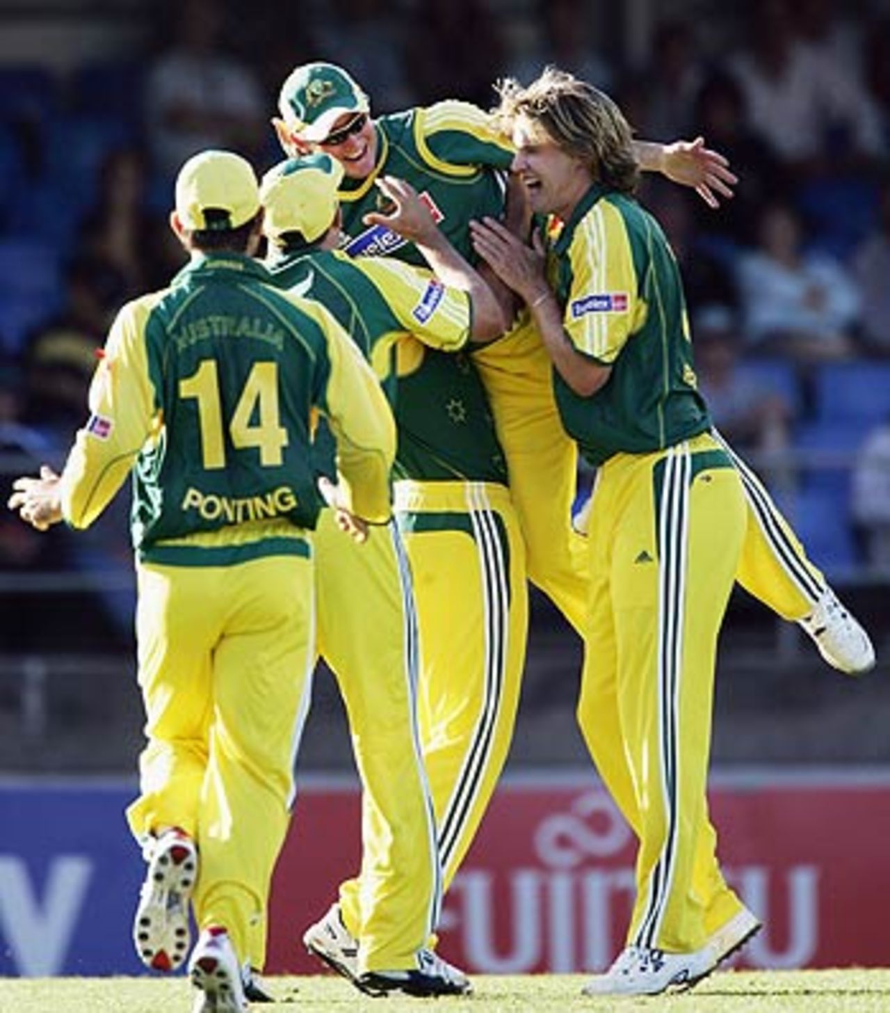 Michael Clarke is mobbed after taking a superb catch, New Zealand v Australia, 1st ODI, Chappell-Hadlee Trophy, Auckland, December 3, 2005