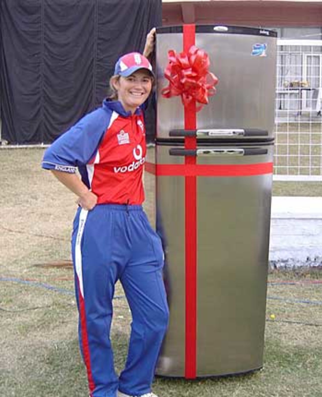 Charlotte Edwards and her fridge freezer, after winning the Player-of-the-Match award, November 27, 2005