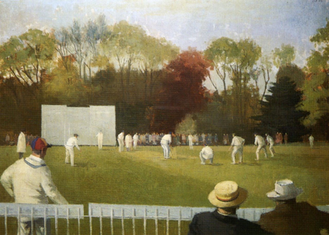 Cricket In The Parks, Oxford by Lawrenve Toynbee, 1953, oil on canvas 16" x 23"