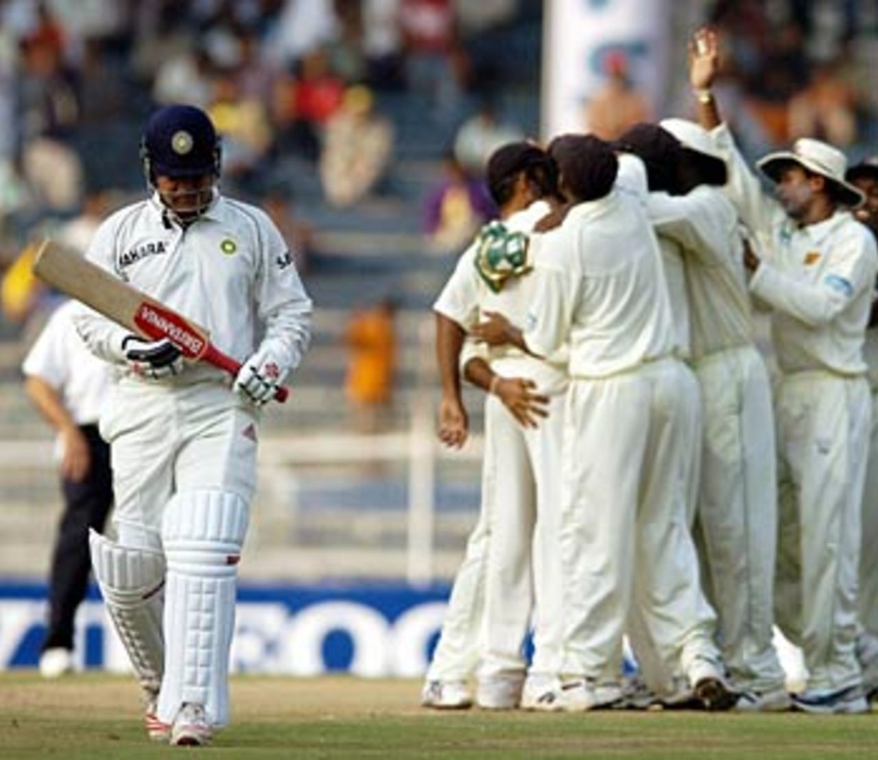 Sri Lankans celebrate the dismissal of Virender Sehwag, India v Sri Lanka, 1st Test, Chennai, December 5, 2005