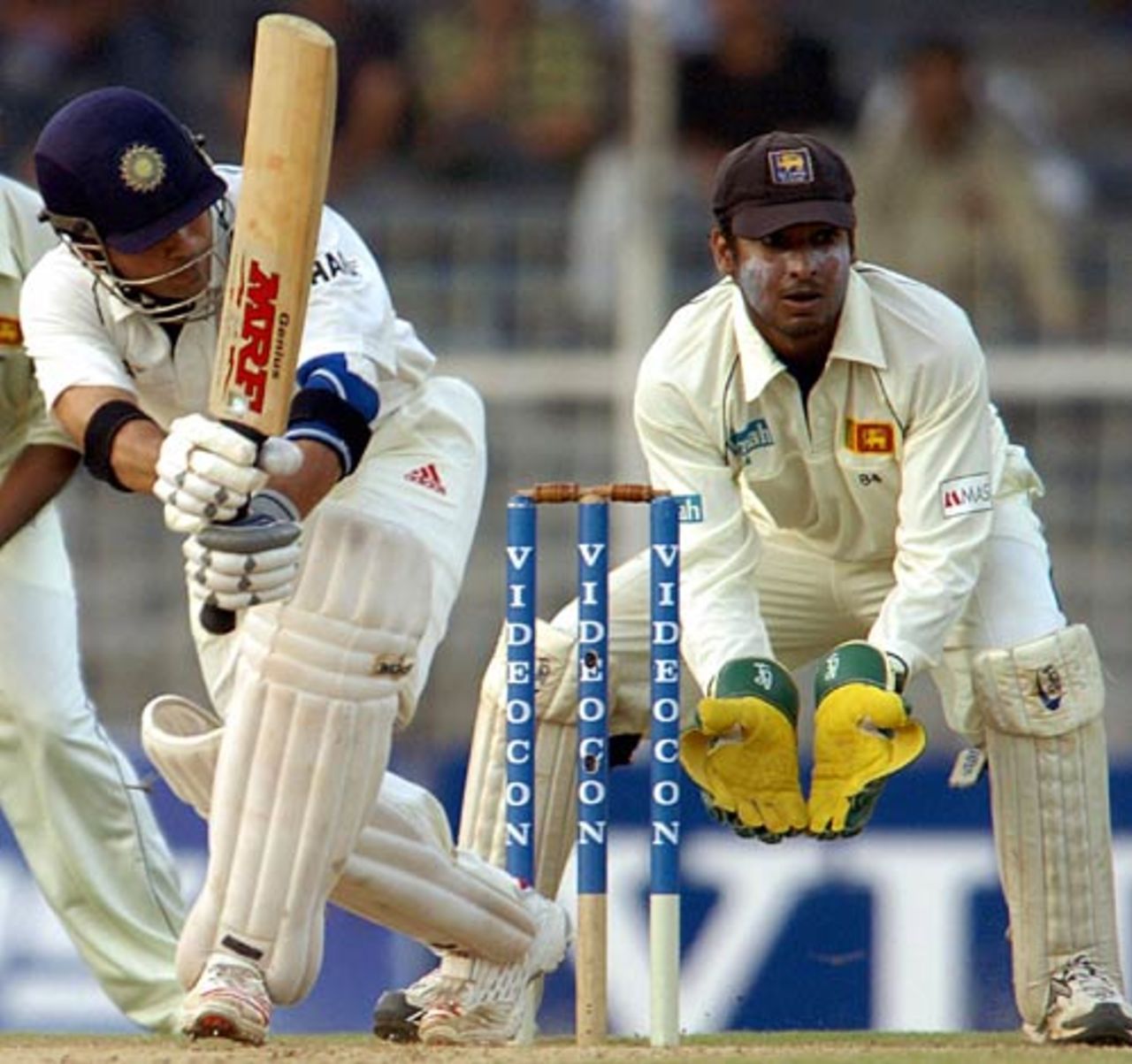 Sachin Tendulkar flicks Muttiah Muralitharan on his way to a patient 11 off 69 balls, India v Sri Lanka, 1st Test, Chennai, December 5, 2005