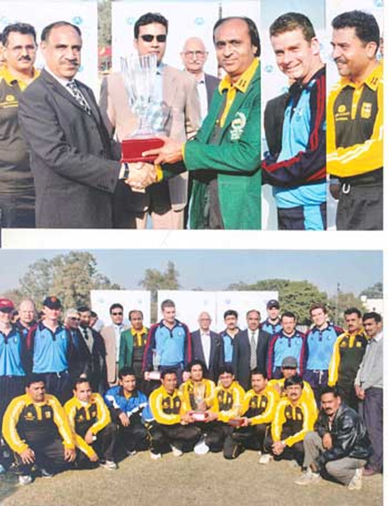 The prize presentations at the press match at Lahore and the team photo. The Pakistan press beat the English press, Lahore, December 9, 2005
