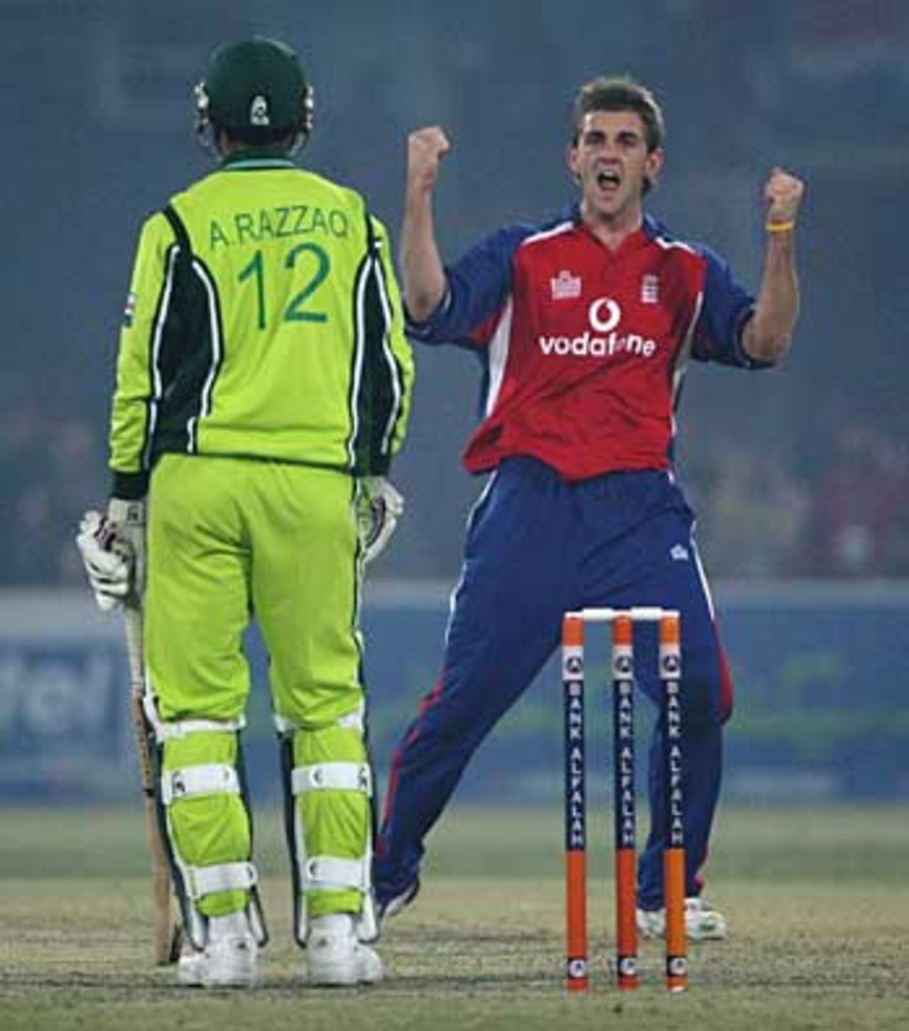 Liam Plunkett celebrates removing Abdul Razzaq during an over that brought three wickets for England, Pakistan v England, 1st ODI, Lahore, December 10, 2005