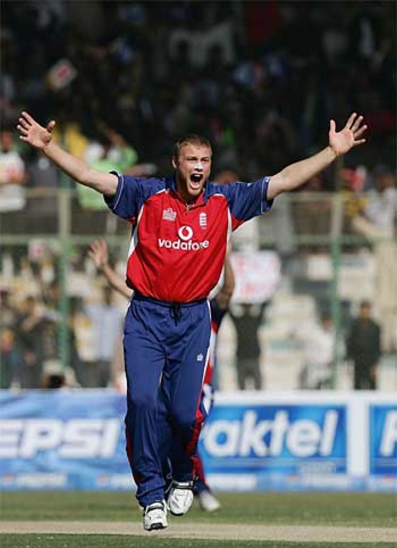 Andrew Flintoff appeals in vain on the first ball of the match for the wicket of Salman Butt, Pakistan v England, 3rd ODI, Pakistan, December 15, 2005