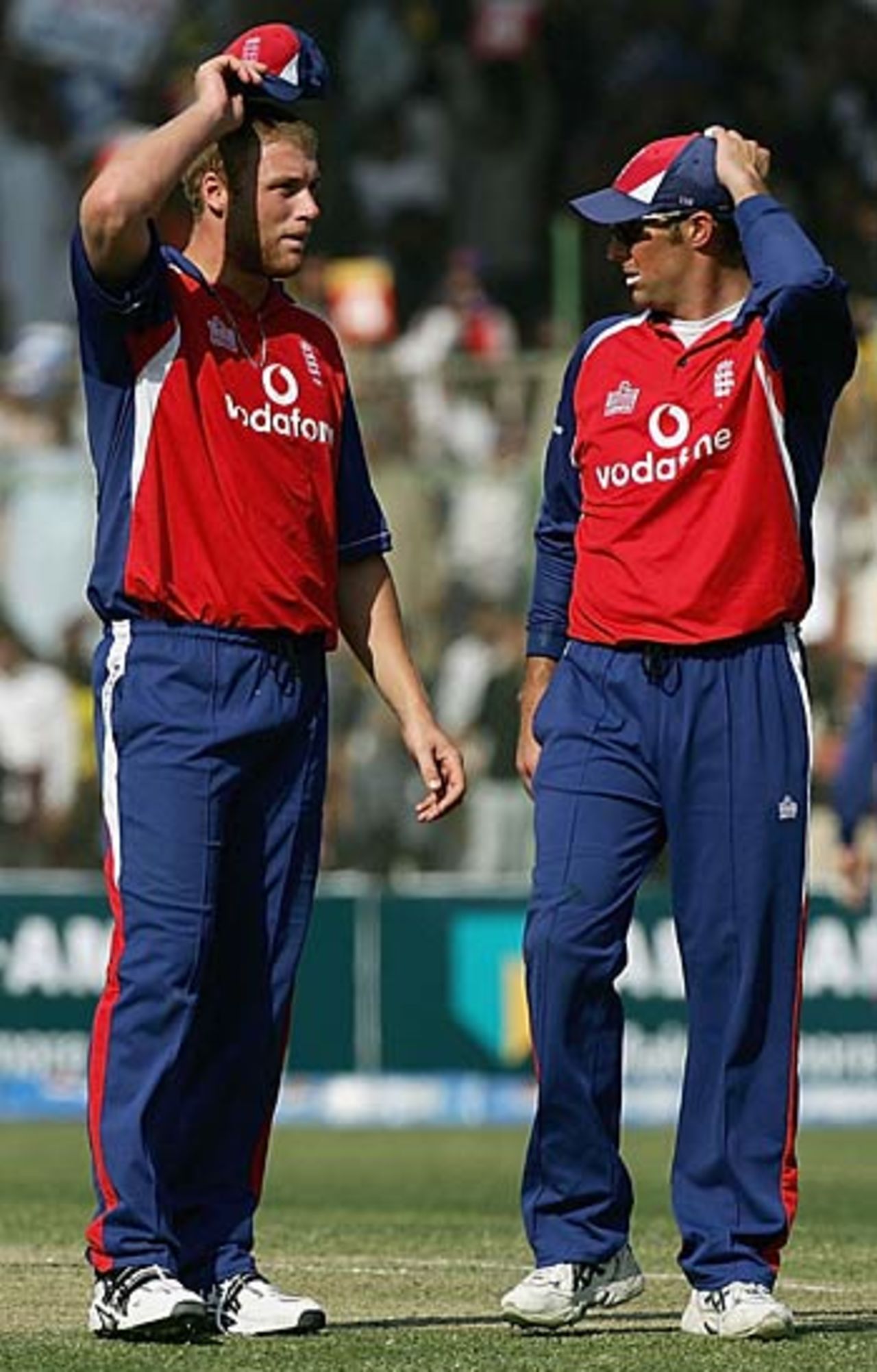 Inspiration needed: Andrew Flintoff and Marcus Trescothick search for a way to stem the flow of runs, Pakistan v England, 3rd ODI, Pakistan, December 15, 2005