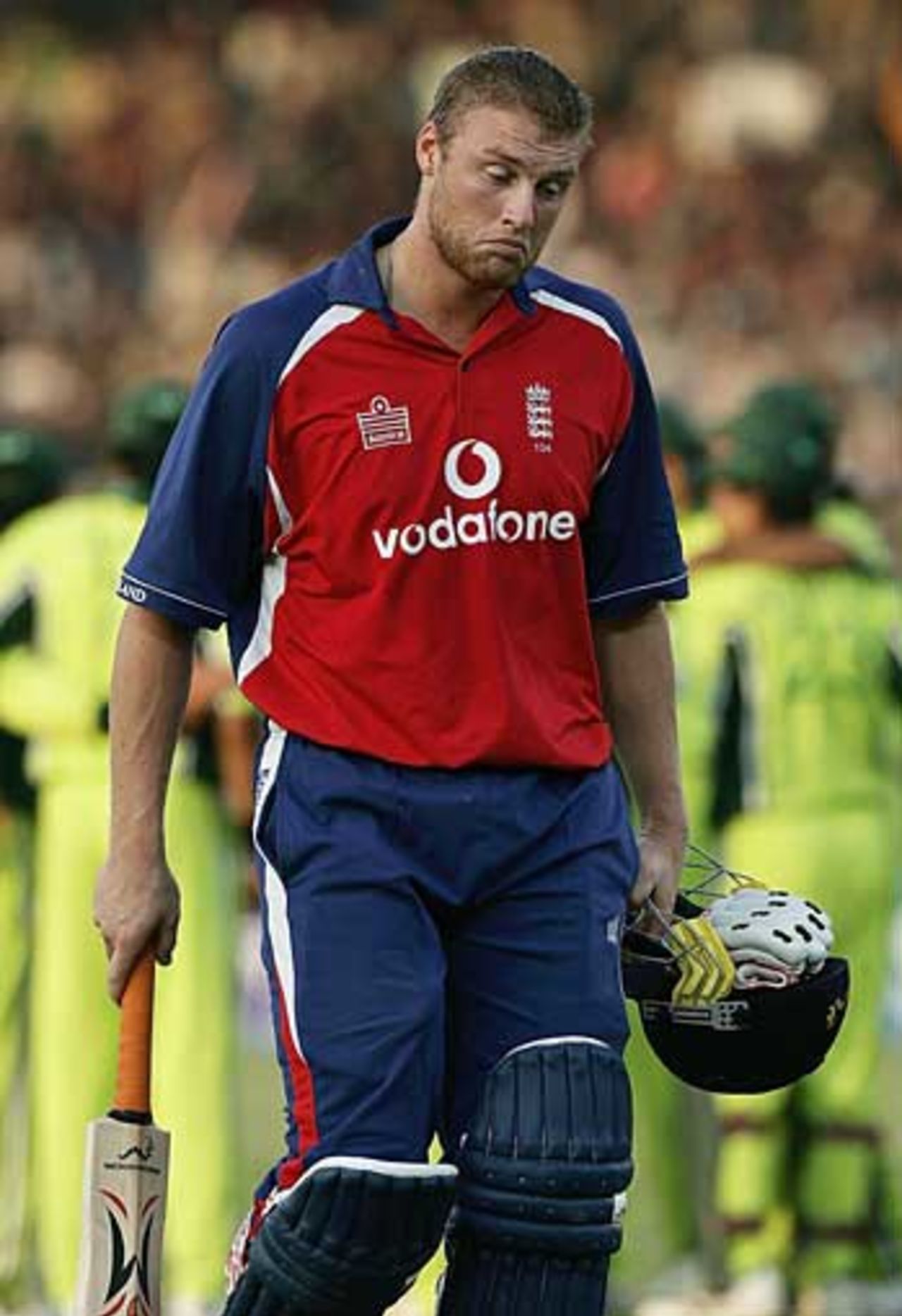 Andrew Flintoff ponders England's plight after being bowled for 36, Pakistan v England, 3rd ODI, Karachi, December 15, 2005