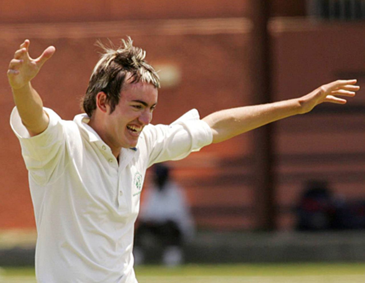 Ireland's Trevor Britton celebrates a wicket during a match between the ICC Winter Training Camp and a Soweto XI, Elhah Oval , Soweto, December 15, 2005