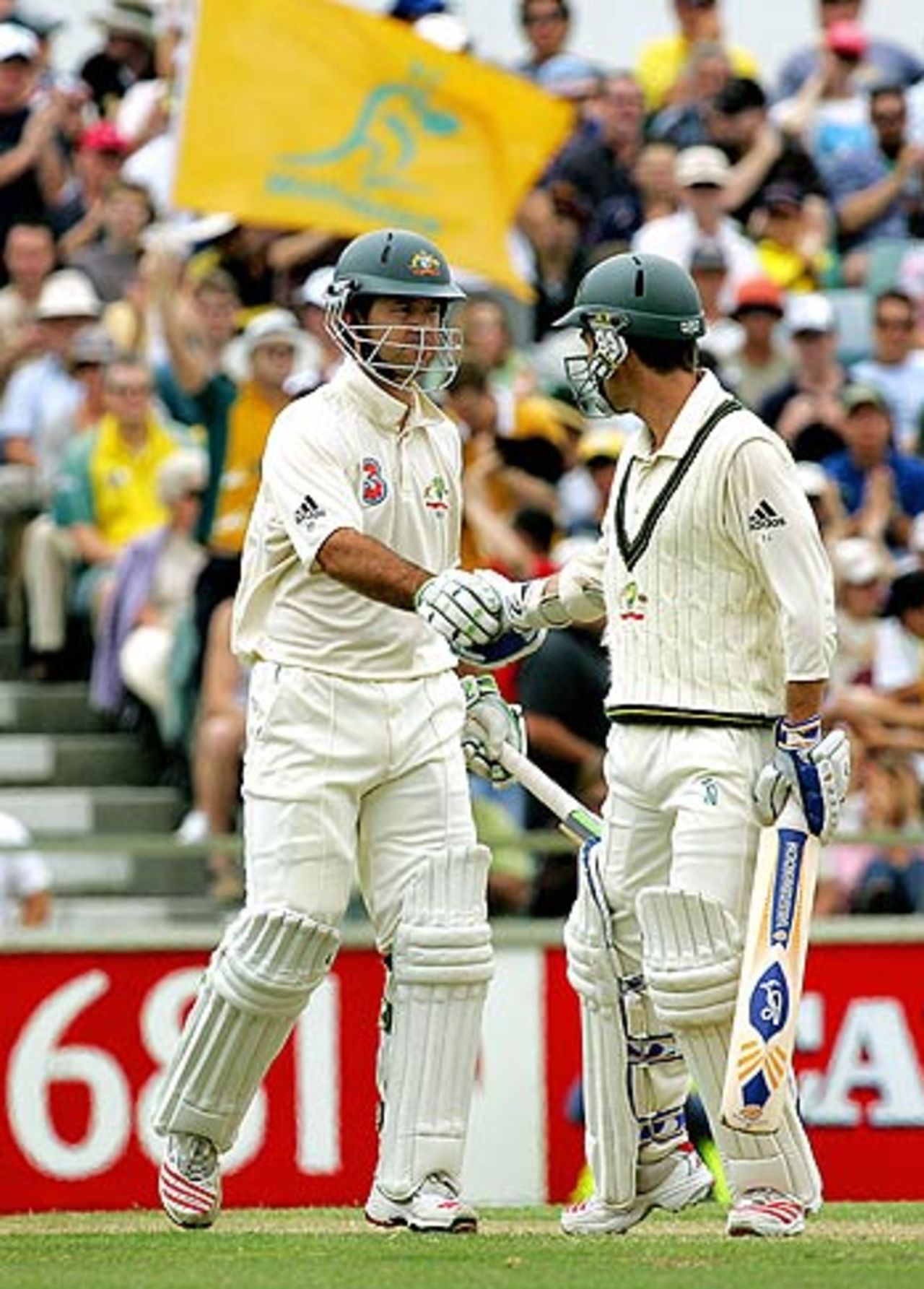 Justin Langer congratulates Ricky Ponting for a half-century, Australia v South Africa, 1st Test, Perth, 1st day, December 16, 2005