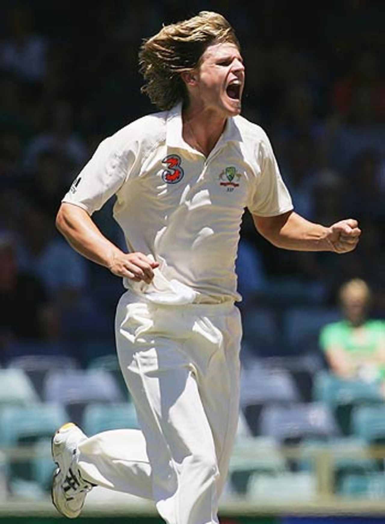 Nathan Bracken celebrates Graeme Smith's wicket, Australia v South Africa, 1st Test, Perth, 1st day, December 17, 2005