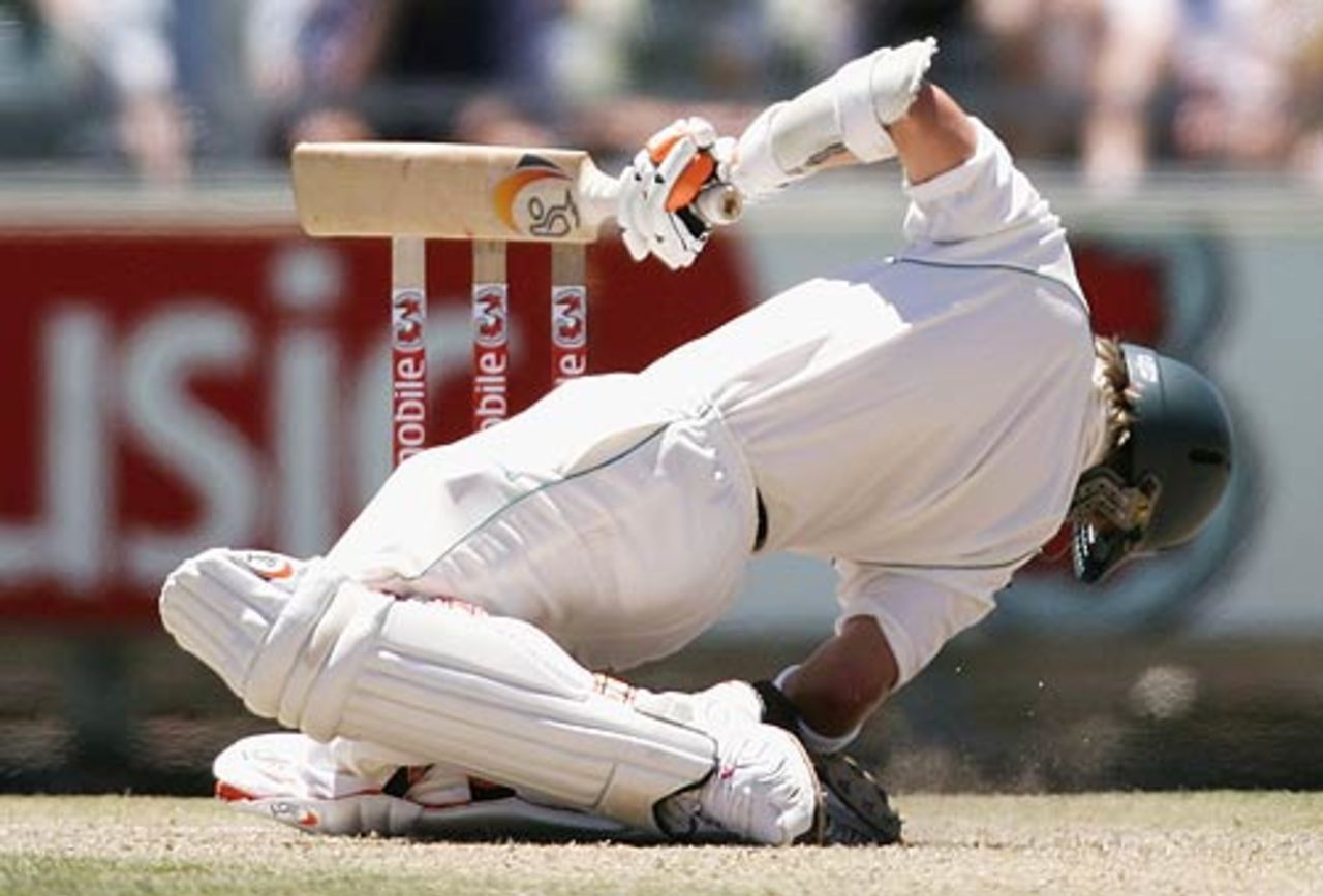 AB de Villiers is felled by Brett Lee, Australia v South Africa, 1st Test, Perth, 1st day, December 17, 2005