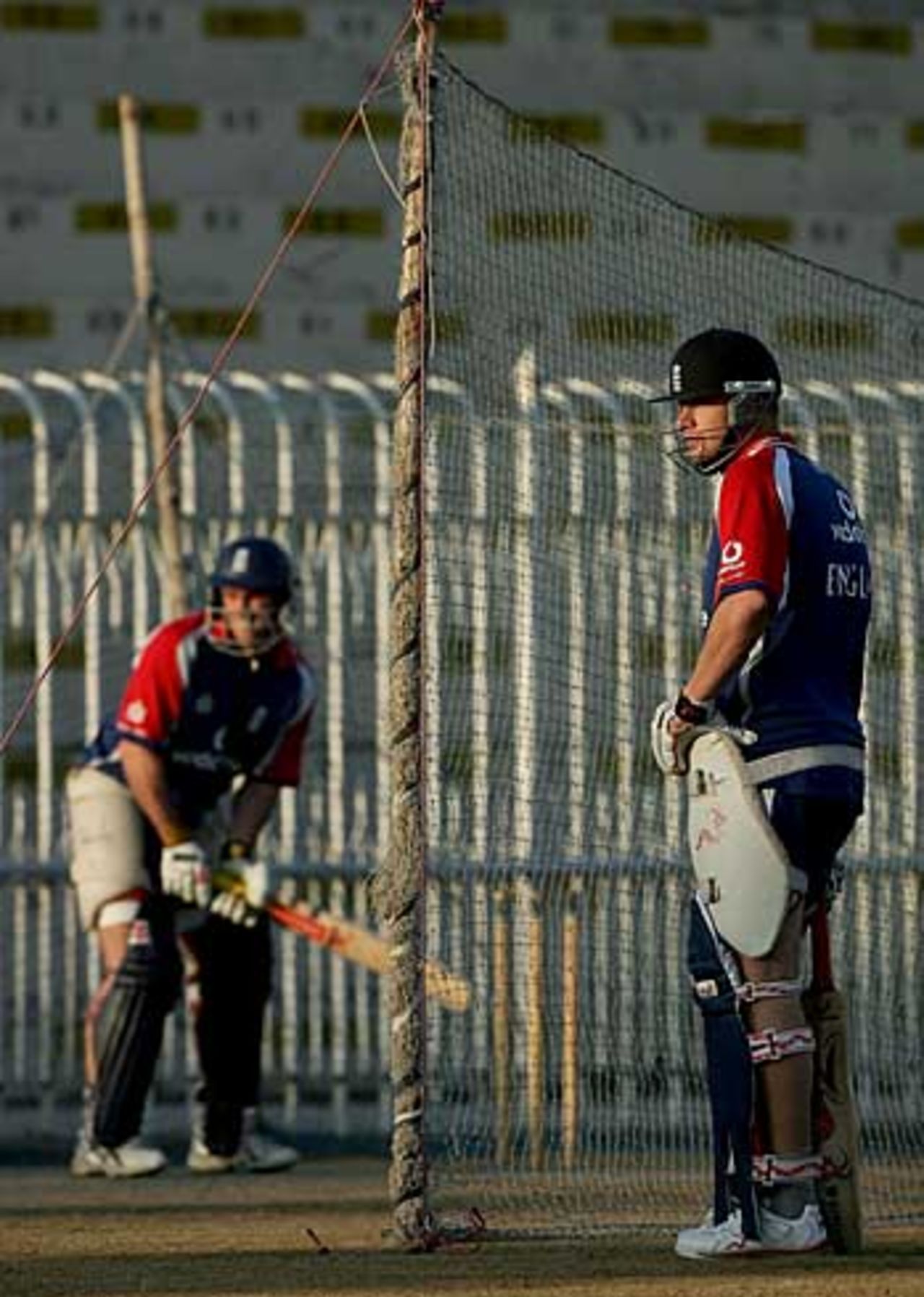 Andrew Strauss (left) and Andrew Flintoff in the nets, Rawalpindi, December 17, 2005