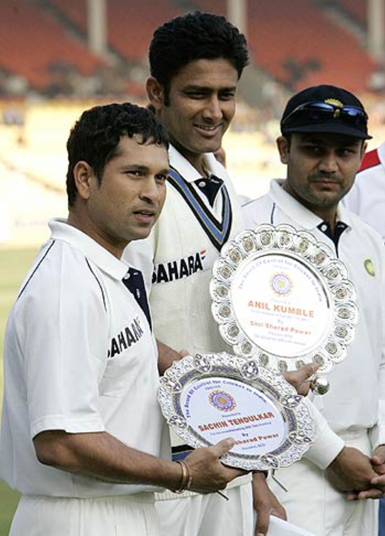 Sachin Tendulkar and Anil Kumble are felicitated for their landmarks, India v Sri Lanka, 3rd Test, Ahmedabad, 1st day, December 18, 2005