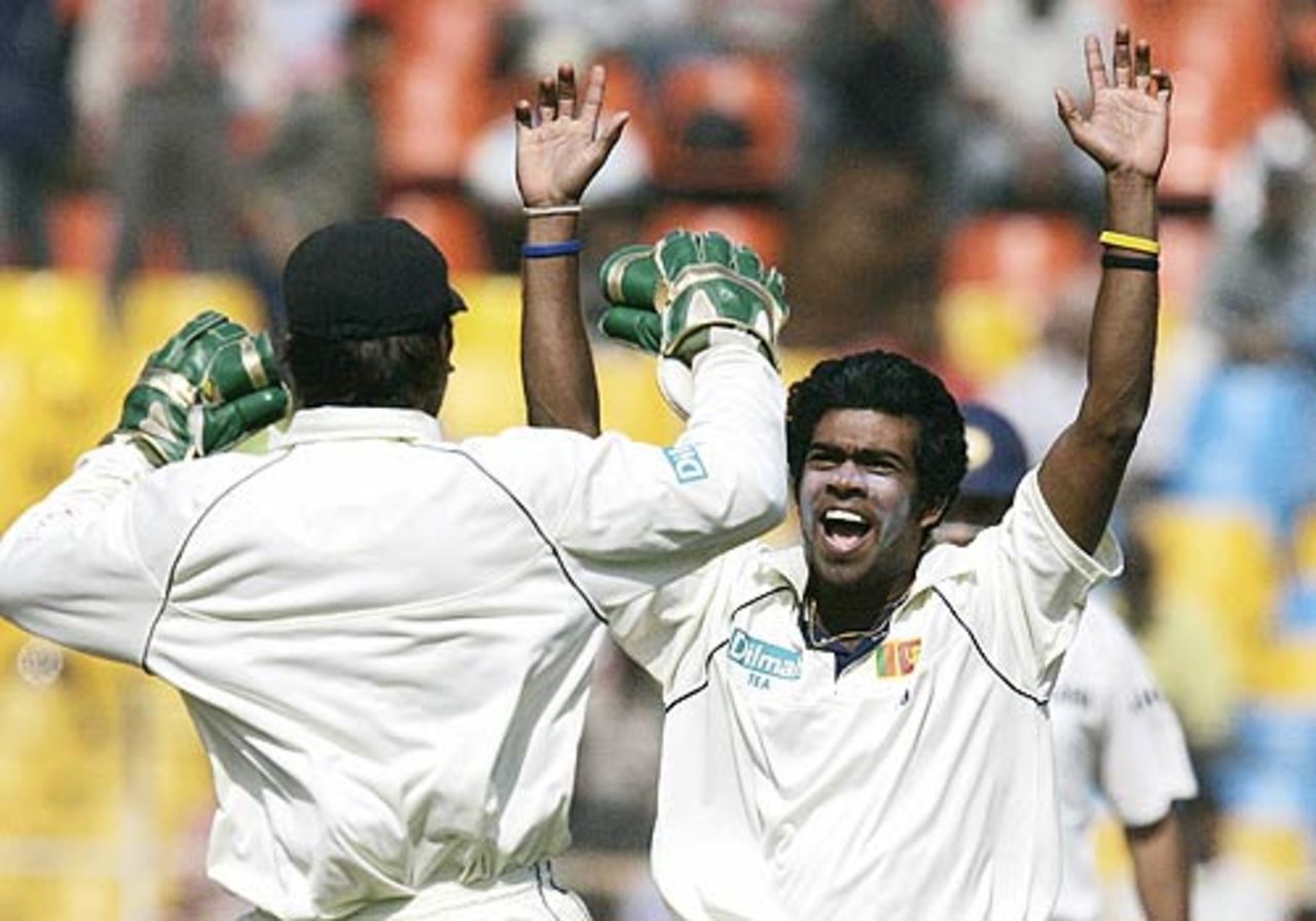 Lasith Malinga celebrates after dismissing Virender Sehwag, India v Sri Lanka, 3rd Test, Ahmedabad, 1st day, December 18, 2005