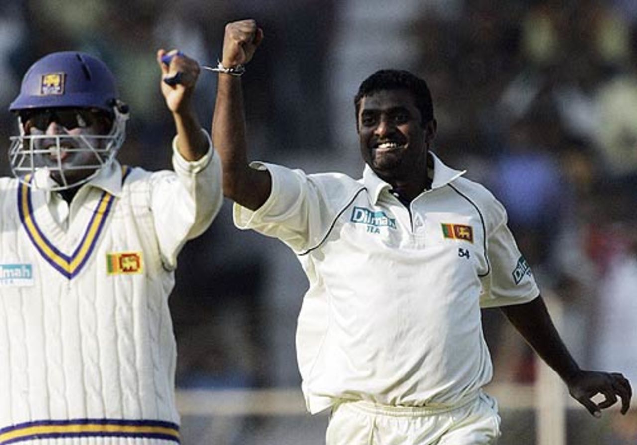 Muttiah Muralitharan celebrates the wicket of Mahendra Singh Dhoni, India v Sri Lanka, 3rd Test, Ahmedabad, 1st day, December 18, 2005