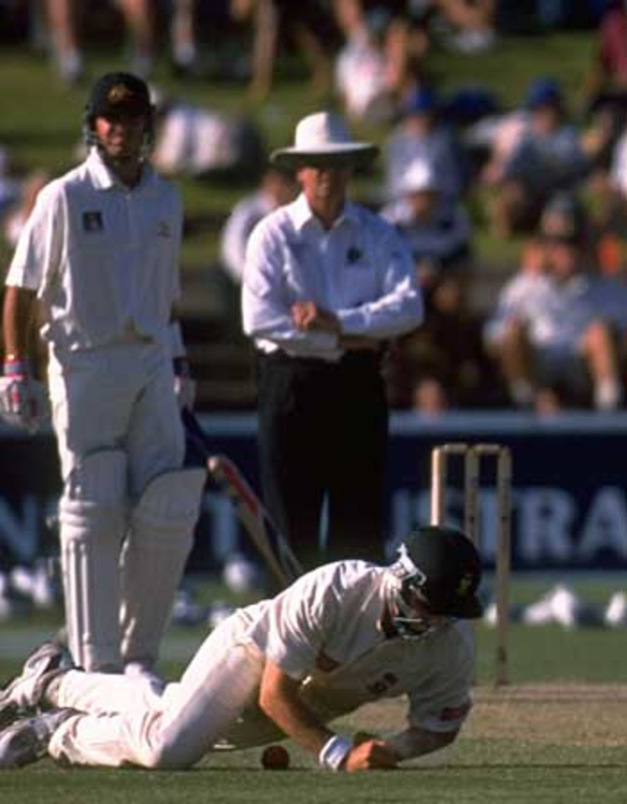 Adam Bacher drops Mark Waugh off Pat Symcox's bowling, Australia v South Africa, 3rd Test, Adelaide, Jan 30 - Feb 3, 1998