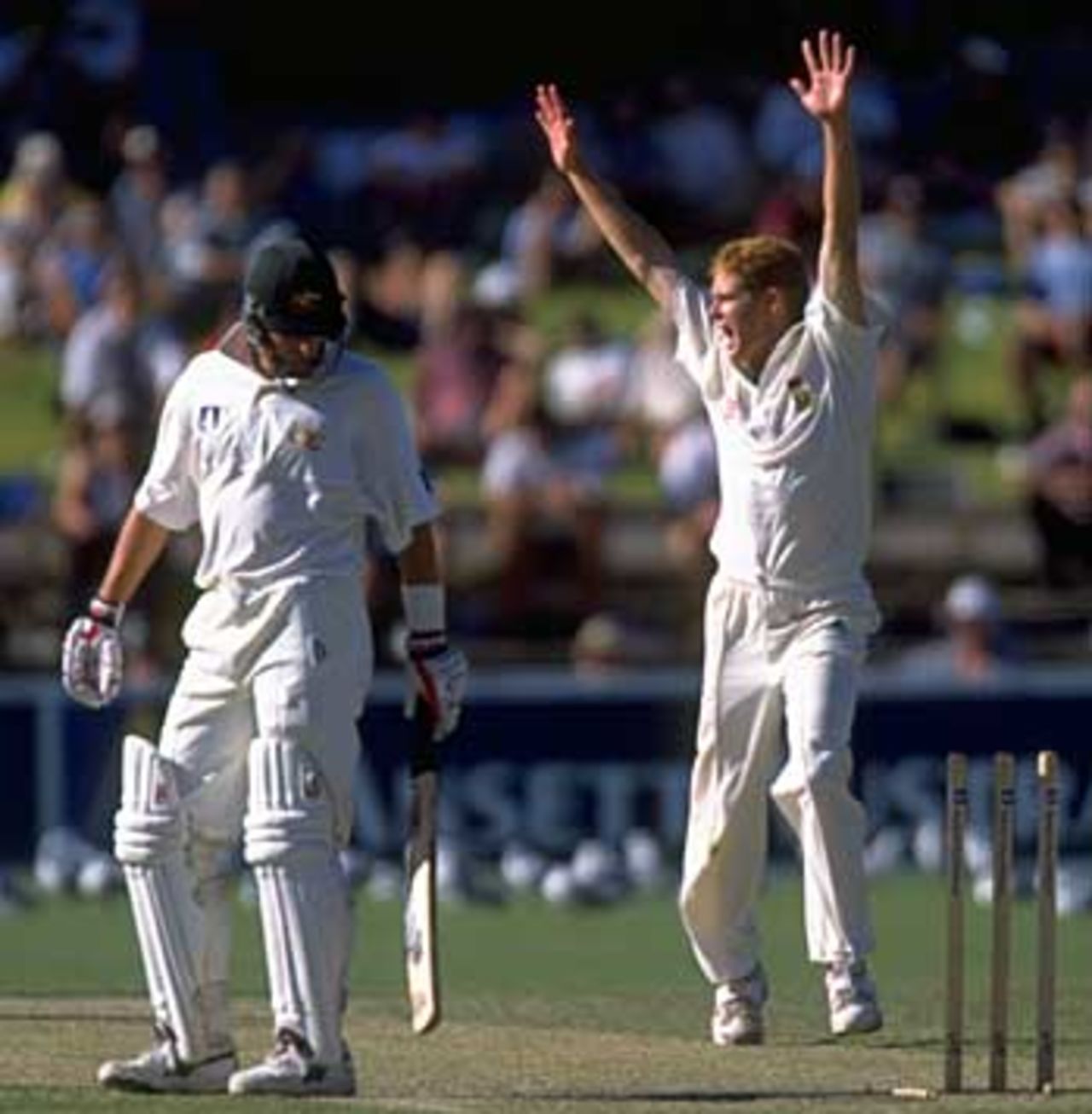 Controversy. A bouncer from Shaun Pollock caused Mark Waugh to clip the stumps, dislodging the bails, but was given not-out, Australia v South Africa, 3rd Test, Adelaide, Jan 30 - Feb 3, 1998