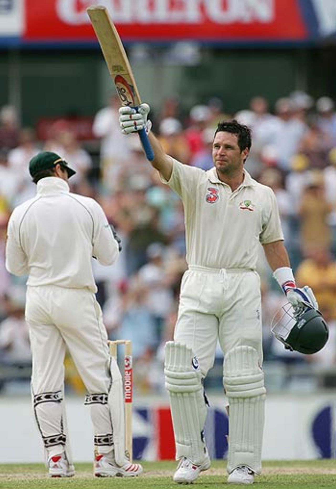 Brad Hodge acknowlegdes the cheers after reaching 200, Australia v South Africa, 1st Test, Perth, 4th day, December 19, 2005