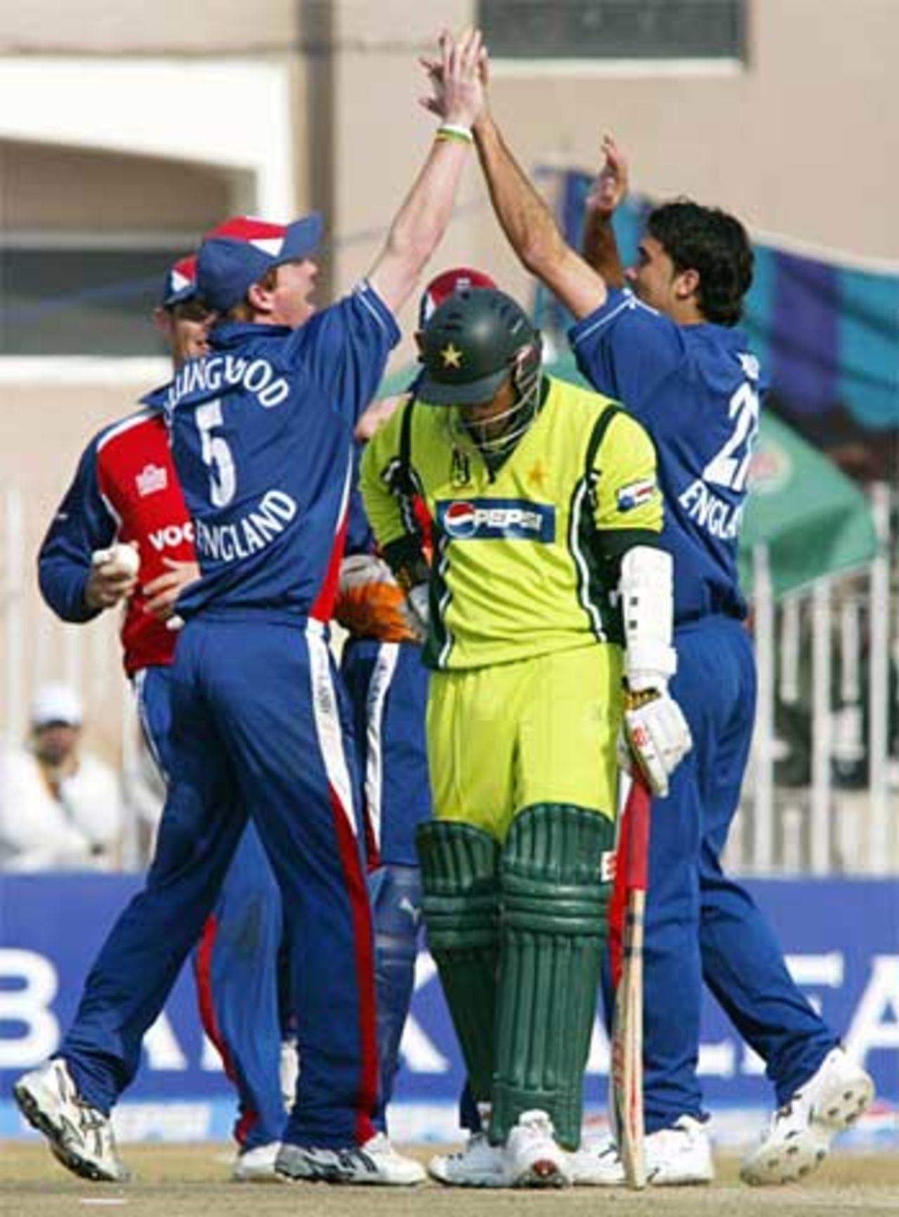 England celebrate as Mohammad Yousuf falls, Pakistan v England, 4th ODI, Pakistan, December 19, 2005