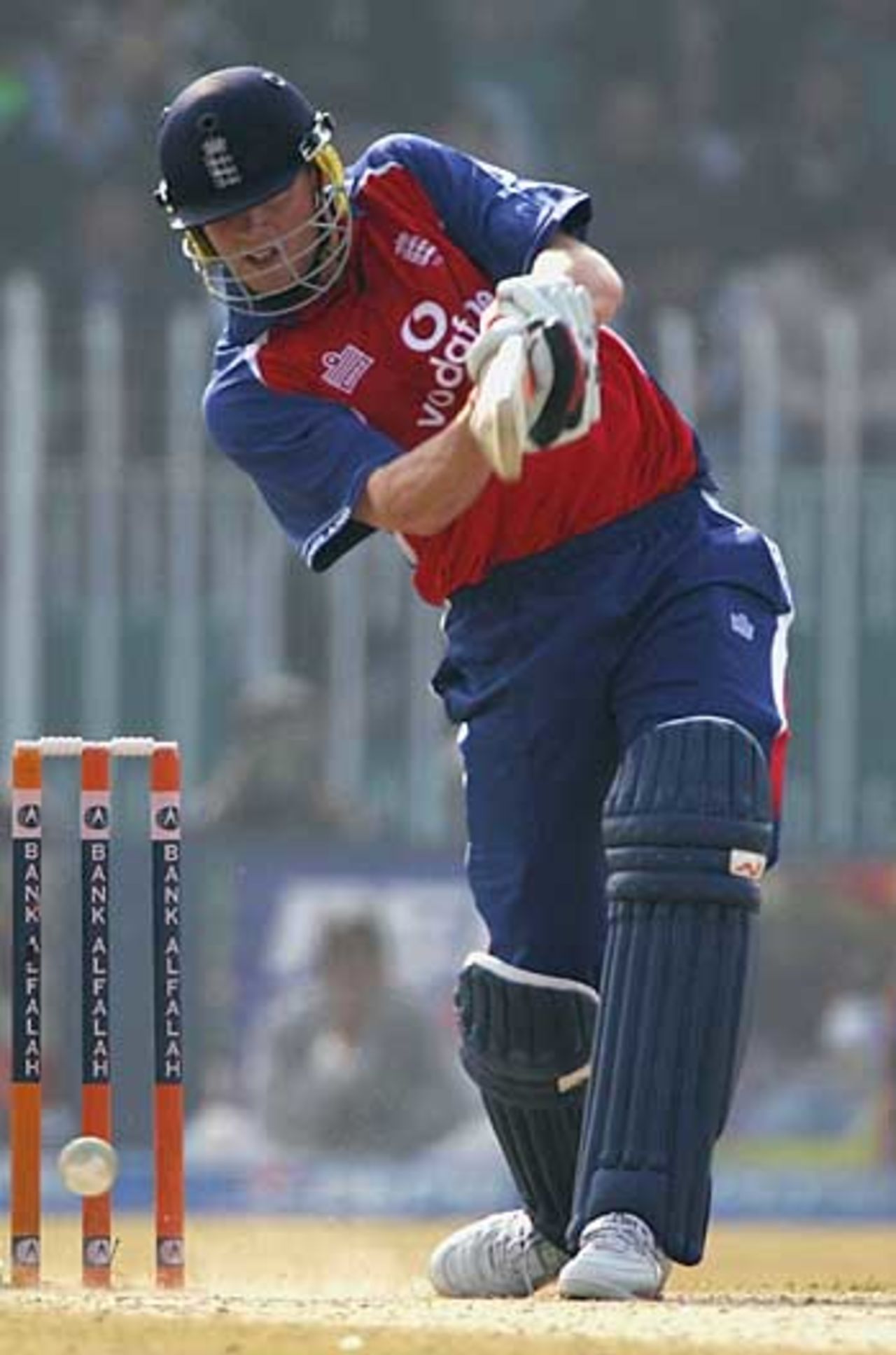 Andrew Flintoff drives during his 39, but even he struggled to up the tempo, Pakistan v England, 5th ODI, Rawalpindi, December 21, 2005