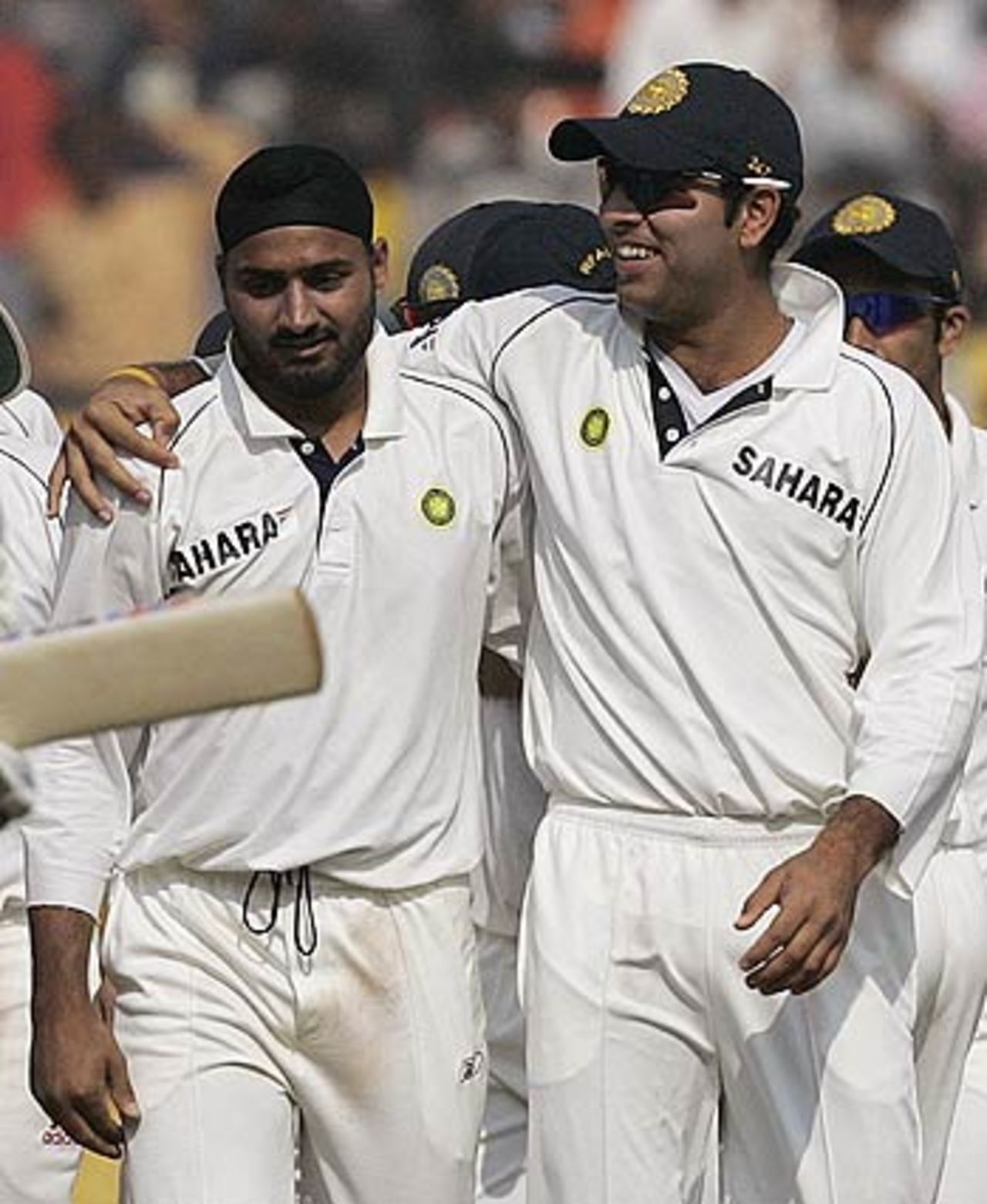 Harbhajan Singh and Yuvraj Singh celebrate Marvan Atapattu's wicket, India v Sri Lanka, 3rd Test, Ahmedabad, 4th day, December 21, 2005