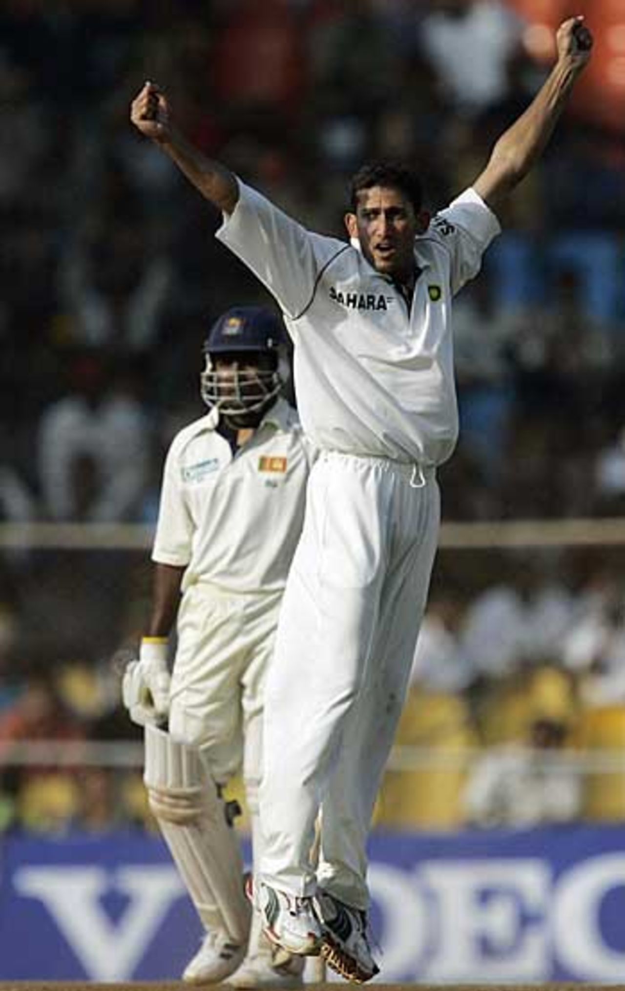 Ajit Agarkar jumps in delight after taking the catch to dismiss Mahela Jayawardene, India v Sri Lanka, 3rd Test, Ahmedabad, 4th day, December 21, 2005