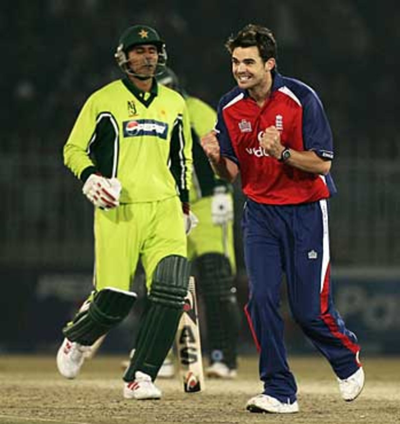 James Anderson can't hide his delight in snaffling Abdul Razzaq's wicket, Pakistan v England, 5th ODI, Rawalpindi, December 21, 2005