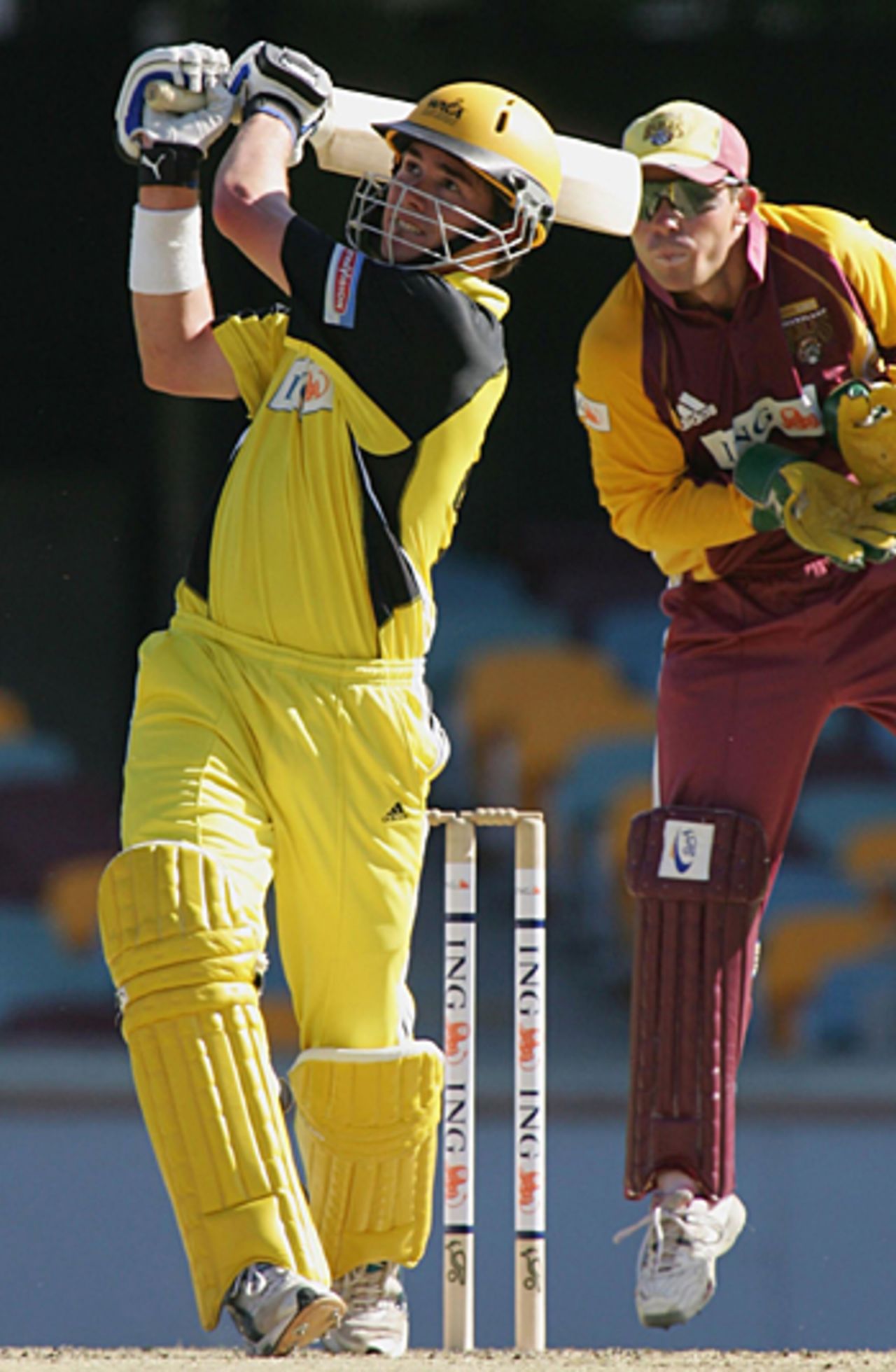 Marcus North hammers a six on his way to 77, Queensland v Western Australia, ING Cup, Brisbane, December 22, 2005 