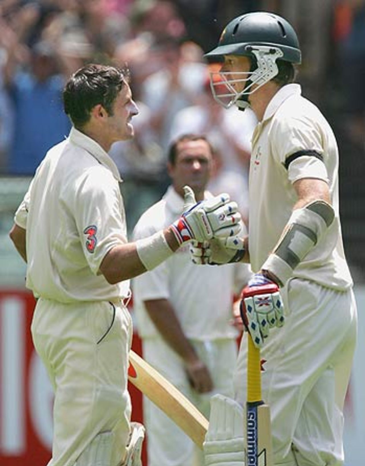 Glenn McGrath congratulates Michael Hussey on his century, Australia v South Africa, 2nd Test, Melbourne, 2nd day, December 27, 2005