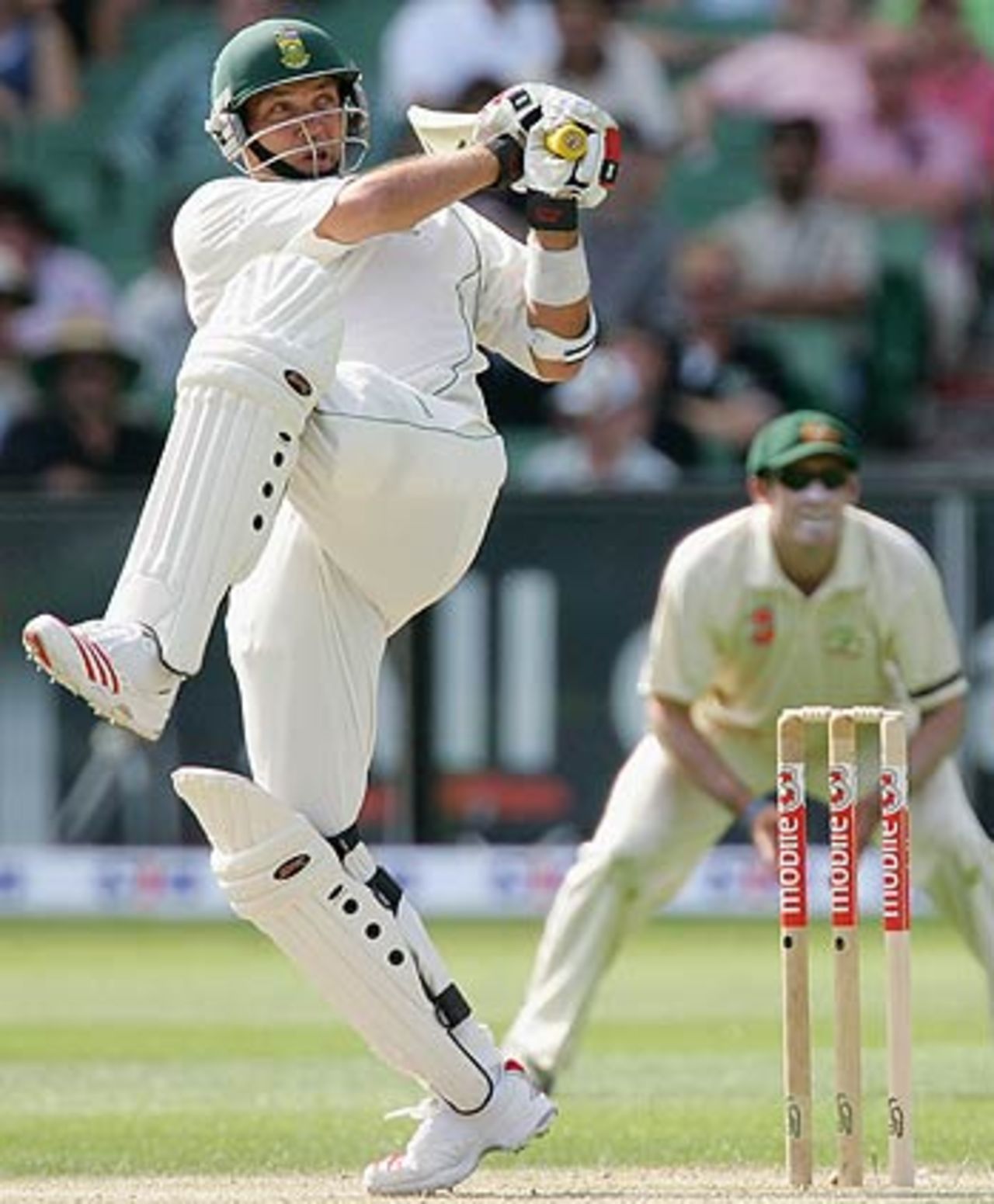 Jacques Kallis swings a ball to the midwicket fence , 2nd Test, Melbourne, 2nd day, December 27, 2005