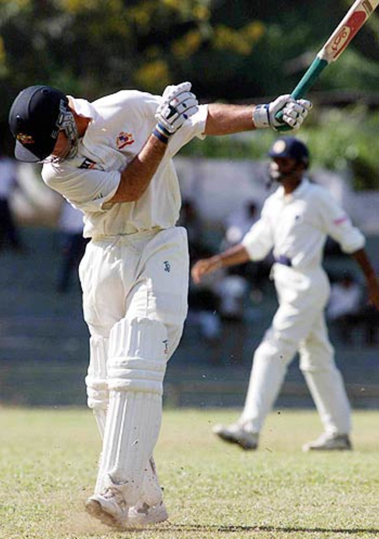 Ricky Ponting swings his bat in frustration after getting out caught and bowled on 96 by Muttiah Muralitharan during day one of the First Test between Sri Lanka and Australia at Kandy, September 9, 1999