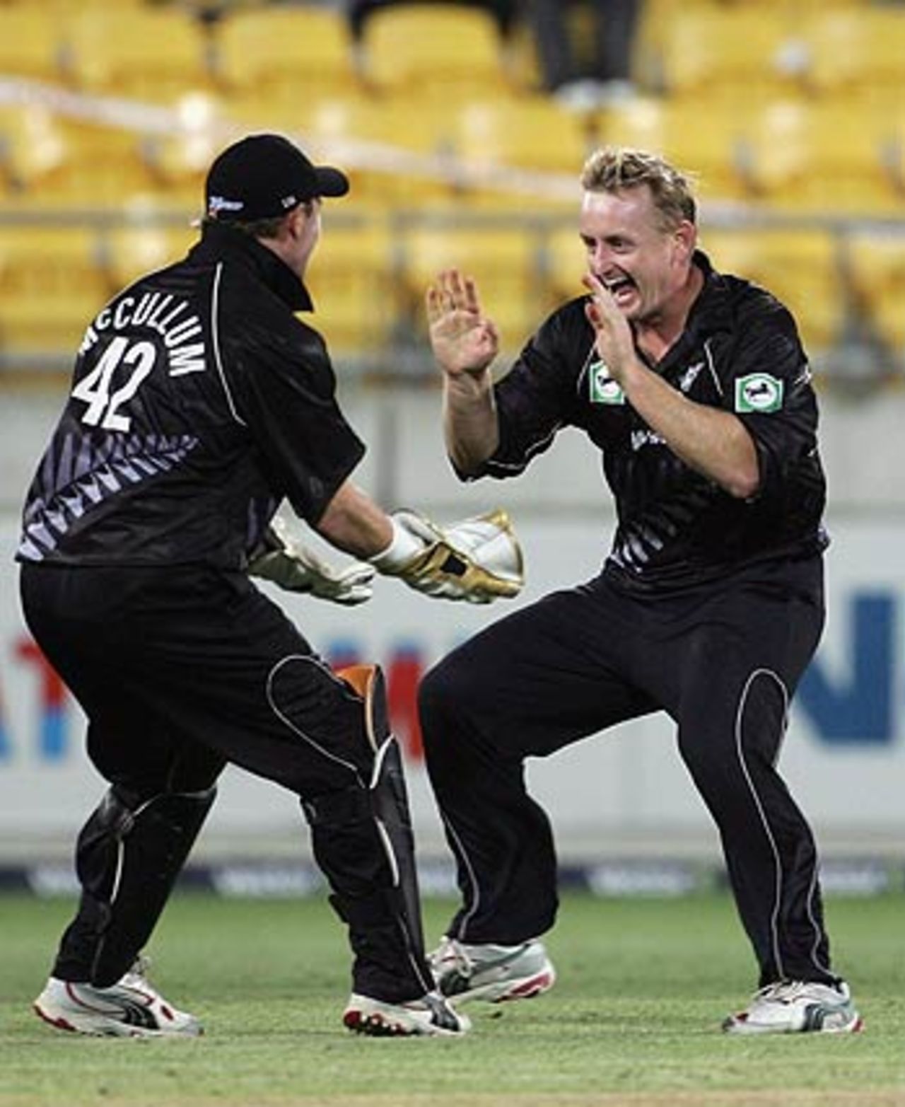 Brendon McCullum and Scott Styris celebrate the dismissal of Chaminda Vaas, Sri Lanka in New Zealand, 2005-06 