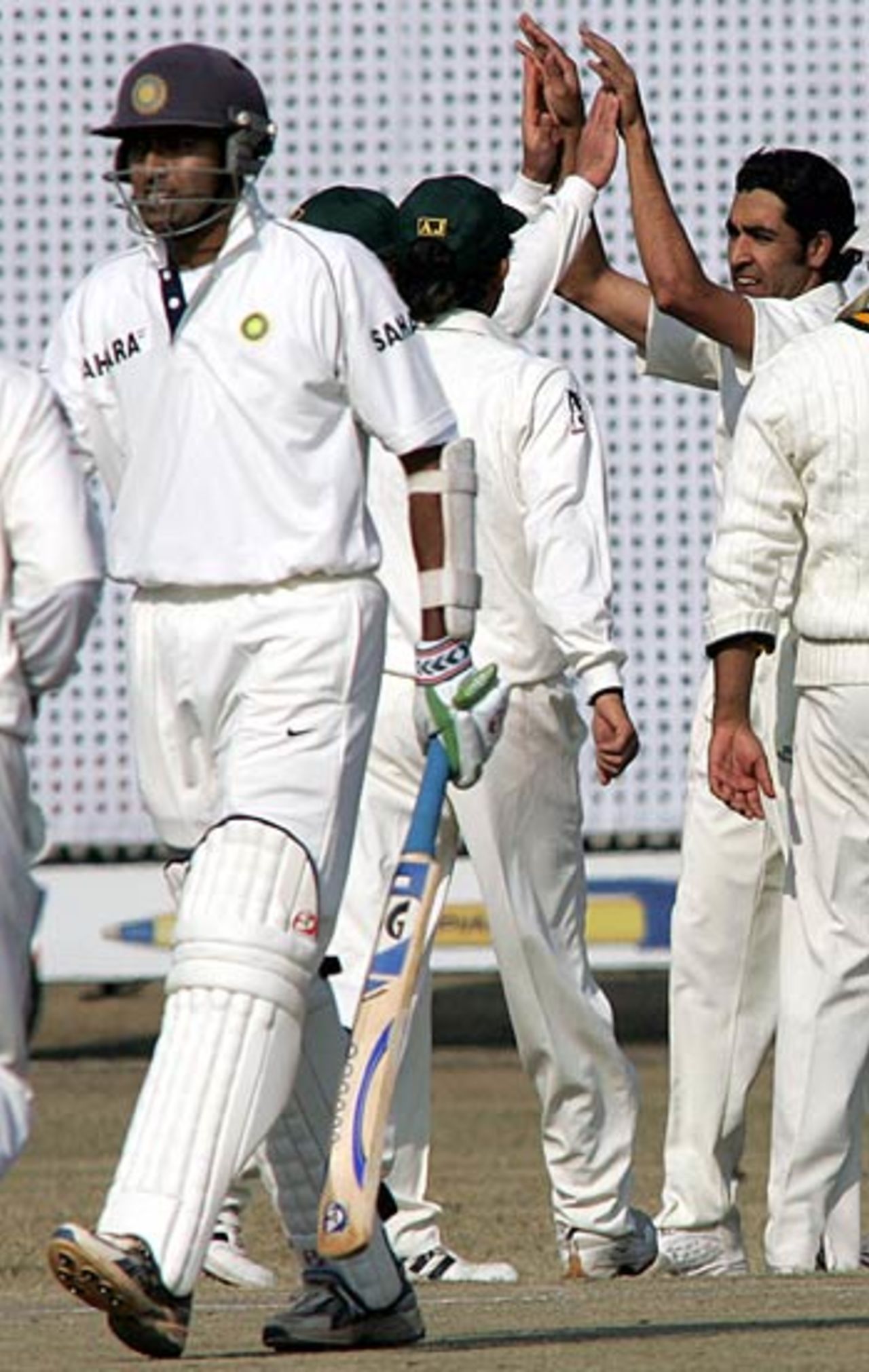 Umar Gul is congratulated for taking the wicket of  Wasim Jaffer, Tour match: Pakistan A v Indians, Bagh-e-Jinnah, Lahore, January 7, 2005