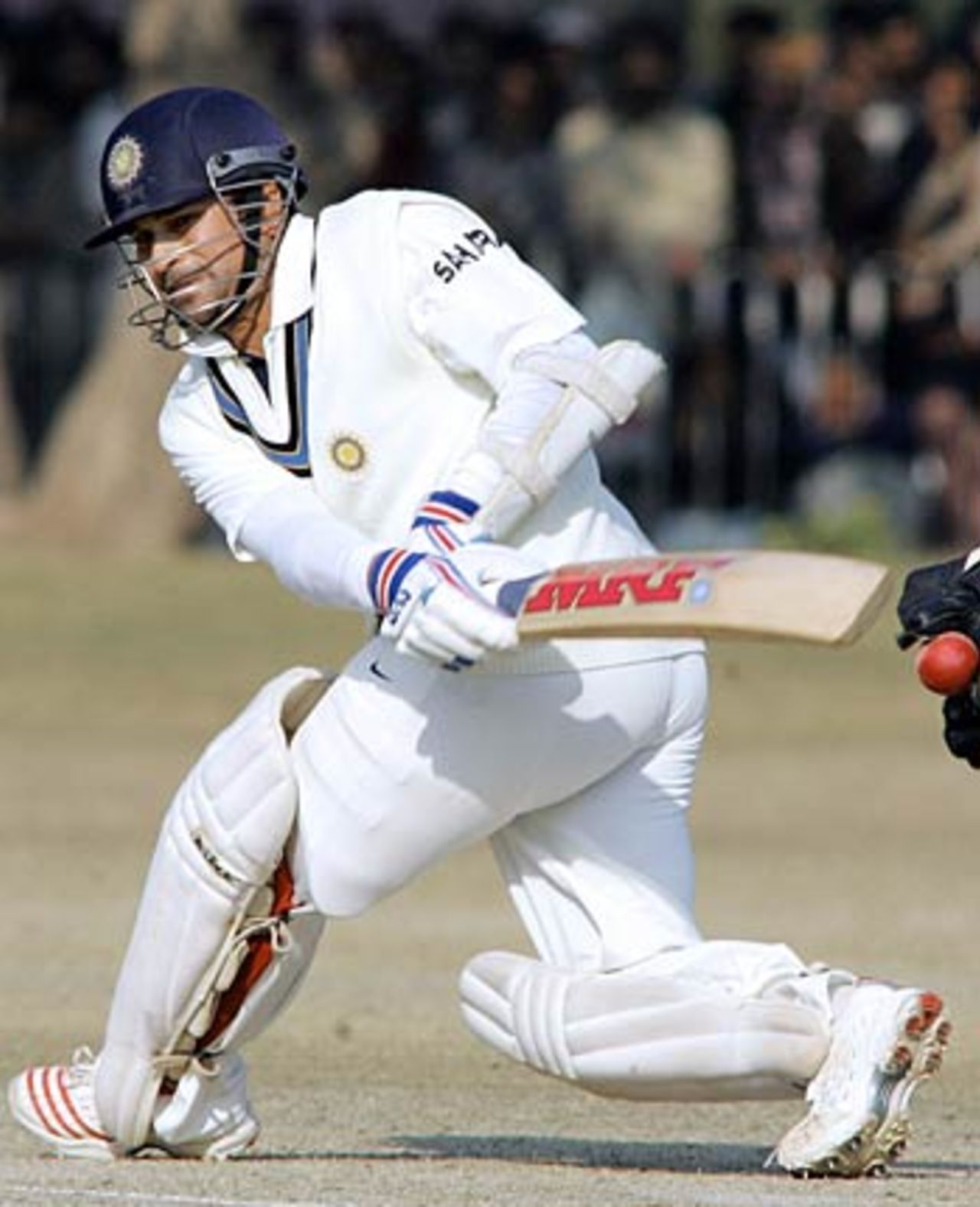 Sachin Tendulkar attempts to paddle-sweep, Pakistan A v Indians, Tour match, 1st day, January 7, 2005