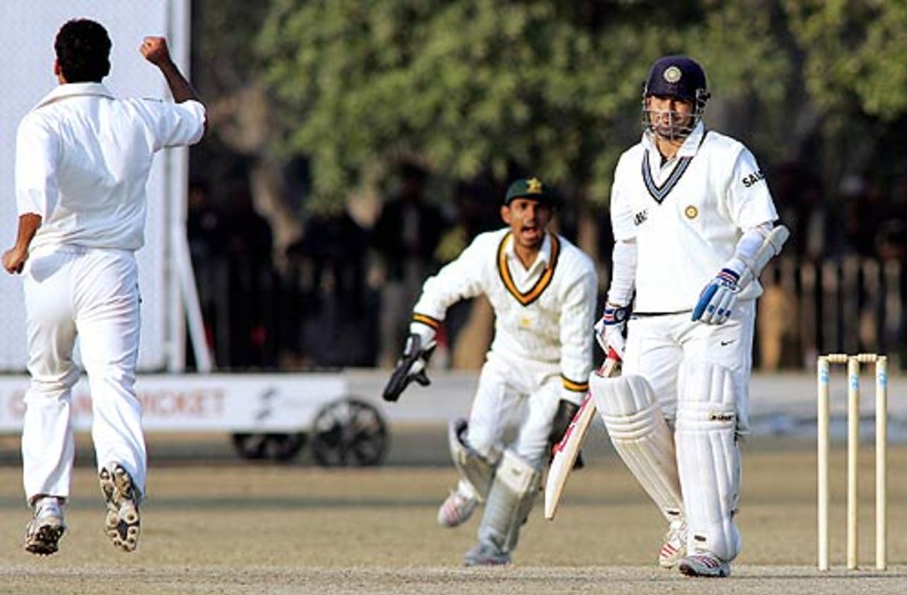 Sachin Tendulkar is caught behind off Yasir Arafat, Pakistan A v Indians, Tour match, 1st day, January 7, 2005